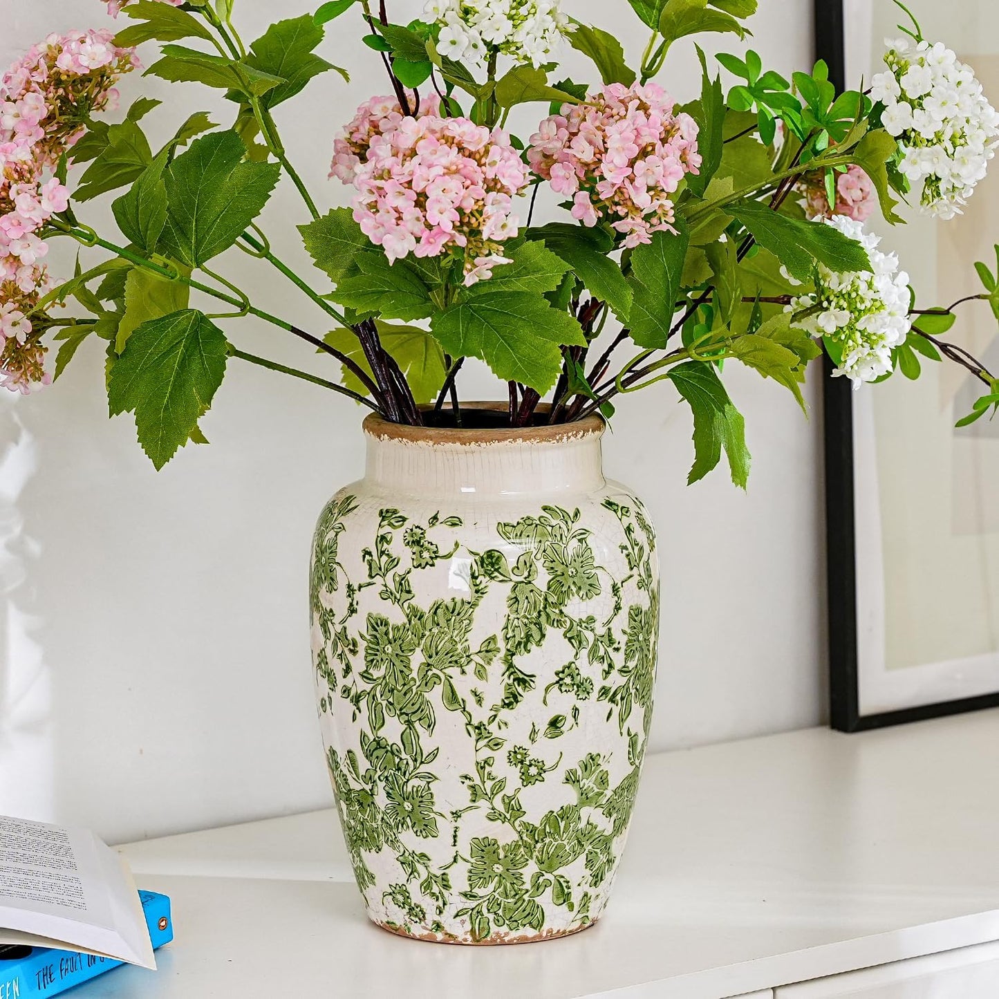 Sungmor Ceramic Flower Vase, Vintage Ice Cracked Glaze Porcelain Vase, Pretty Home Decor Vase for Flower Arrangement, Fresh Flowers, 10.2 Inch Tall Chinoiserie Pottery Vase, Green Floral Pattern