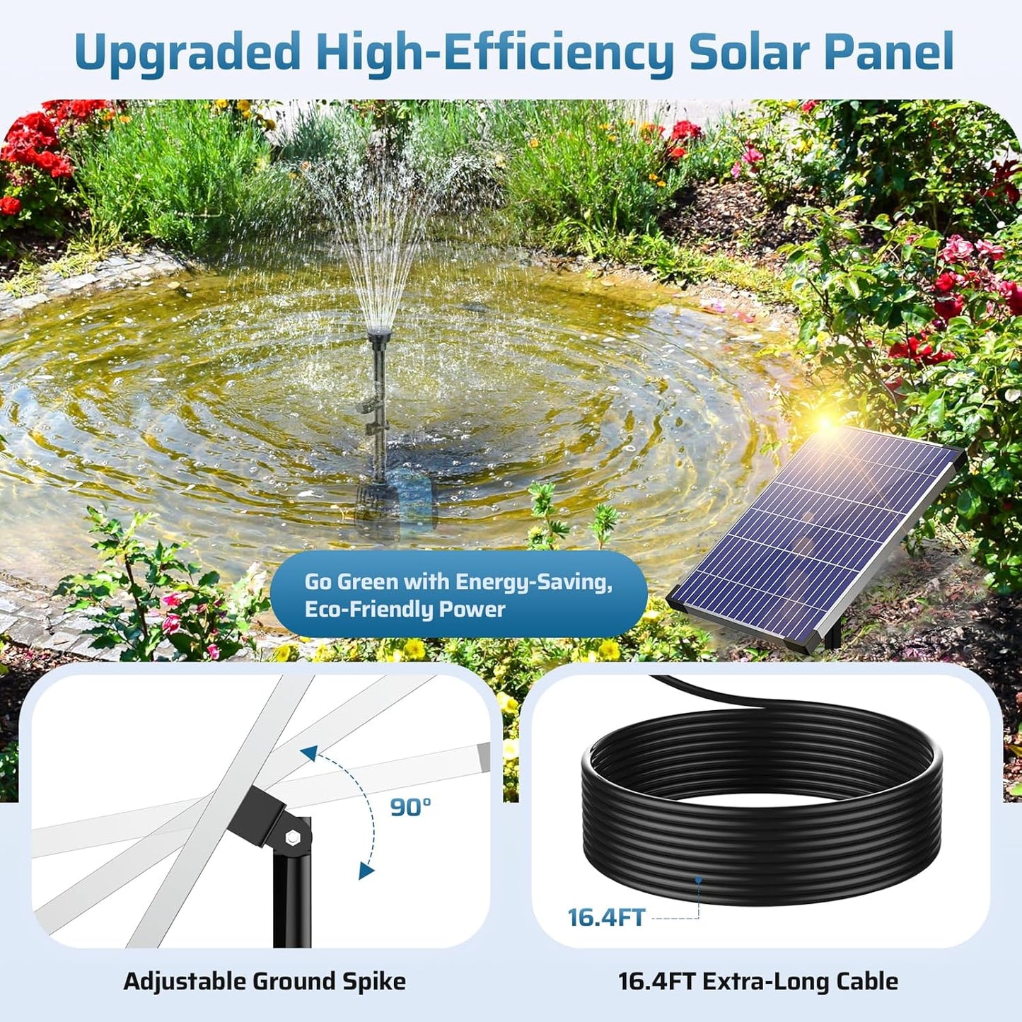 POPOSOAP 10W Solar Water Fountain Pump, Solar Powered Water Pump with 120GPH Fountain Pump, 4 Sprayers, 16.4ft Cable, 6.6ft Tubing for Outdoor Pond,Bird Bath,Fish Tank and Garden Water Features
