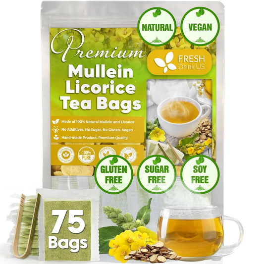 FreshDrinkUS, Premium 75 Mullein Licorice Tea Bags, 100% Natural, Blend of Mullein Leaves, and Licorice Root. Made with Natural Material Tea Bags. No Sugar, Vegan.
