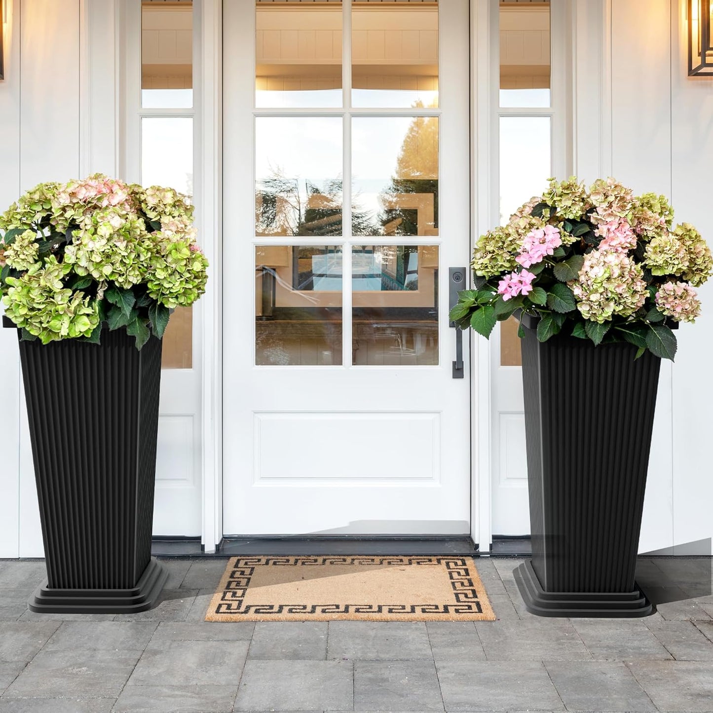 Set of 2 Large Tall Planter for Indoor or Outdoor 24" Flower Pots Tapered Tall Planters with Tray for Porch, Patio, Backyard, Large Planters for Outdoor Indoor Plants(Black,Striped)