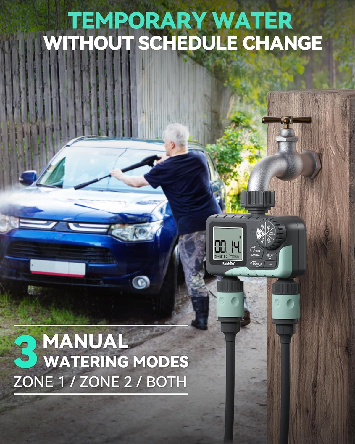 RAINPOINT 2 Zone Sprinkler Timer - 2pcs Water Timer for Garden Hose with Rain Delay/Manual Watering/Automatic Irrigation for Yard Lawn