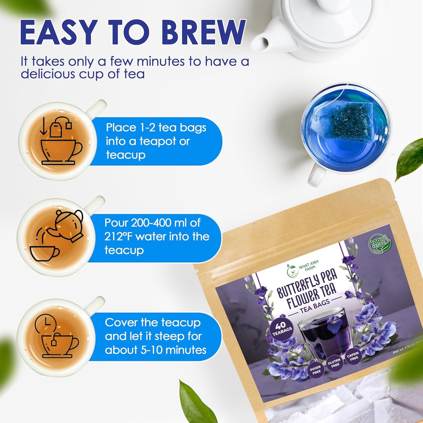 Nhat Anh Farm - Premium Butterfly Pea Tea Bags - Dried Butterfly Pea Flower Tea Bags - 40 Teabags, 2.5g/bag), 100% Natural & Pure/Sugar/Caffeine/Gluten Free. Good For Your Health