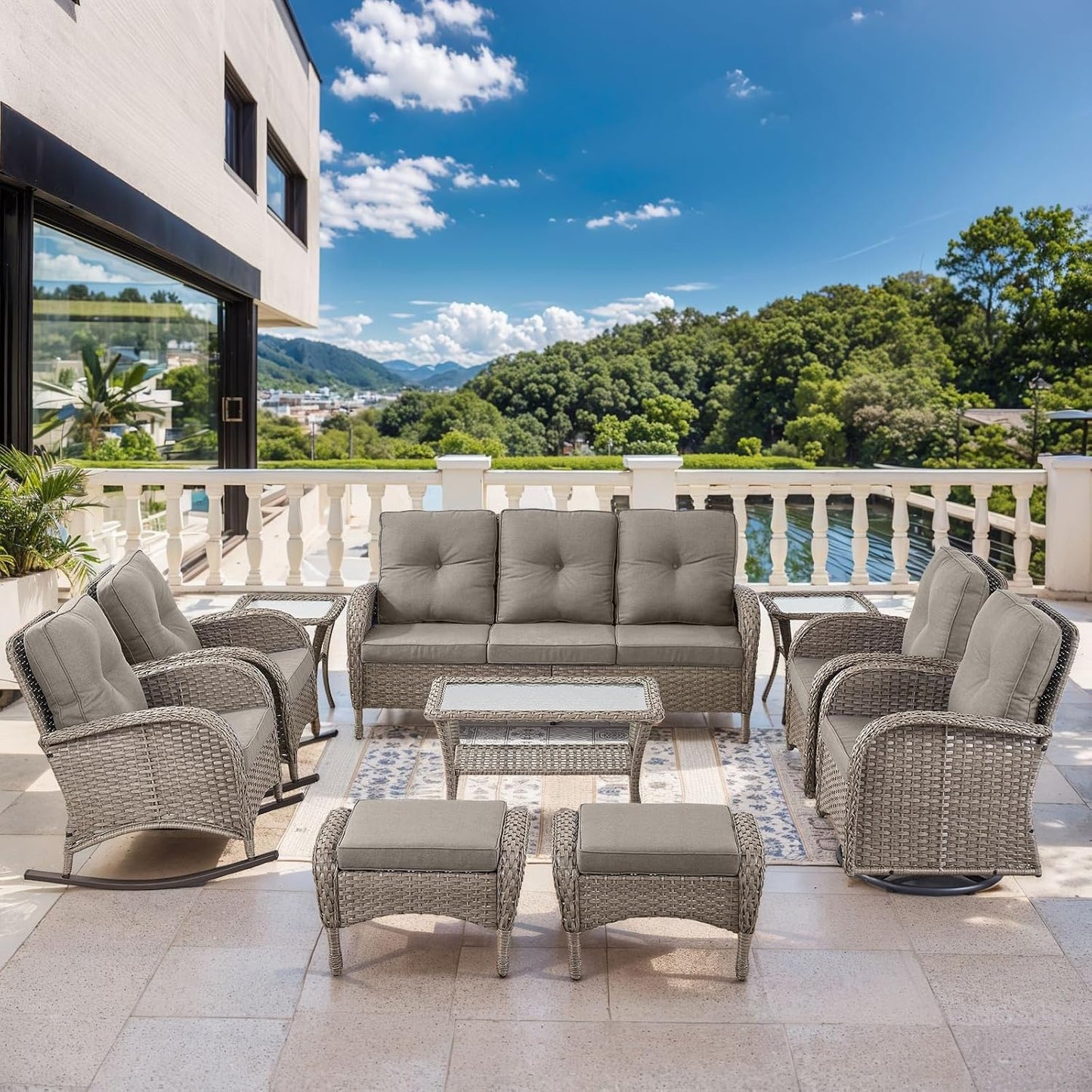 Patio Furniture-All Weather Wicker Patio Conversation Sets with Swivel Patio Chairs High Back Outdoor Couch with Swivel Rocking Chairs Outdoor Furniture for Deck Lawn Porch Balcony Poolside-Grey/Grey