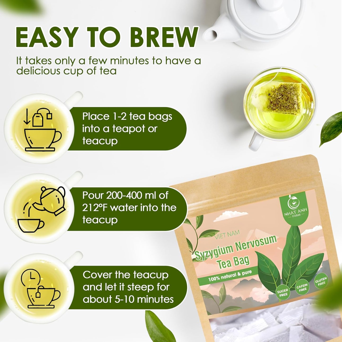 NHAT ANH FARM - Premium Syzygium Nervosum Tea Bags, 100 Syzygium Nervosum Tea Bags, 100% Natural Dried Syzygium Nervosum Leaves, Naturally Sweet Herbal Tea, Sugar-Free, Caffeine-Free, No Additives.
