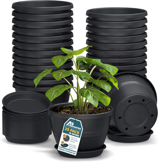10-Inch Whiskey Barrel Planters Outdoor Pack of 25 - Durable Plastic Plant Pots for Indoor & Outdoor Use with Drainage & Saucer, Lightweight Rustic Barrel Planters for Flowers, Herbs & Small Plants