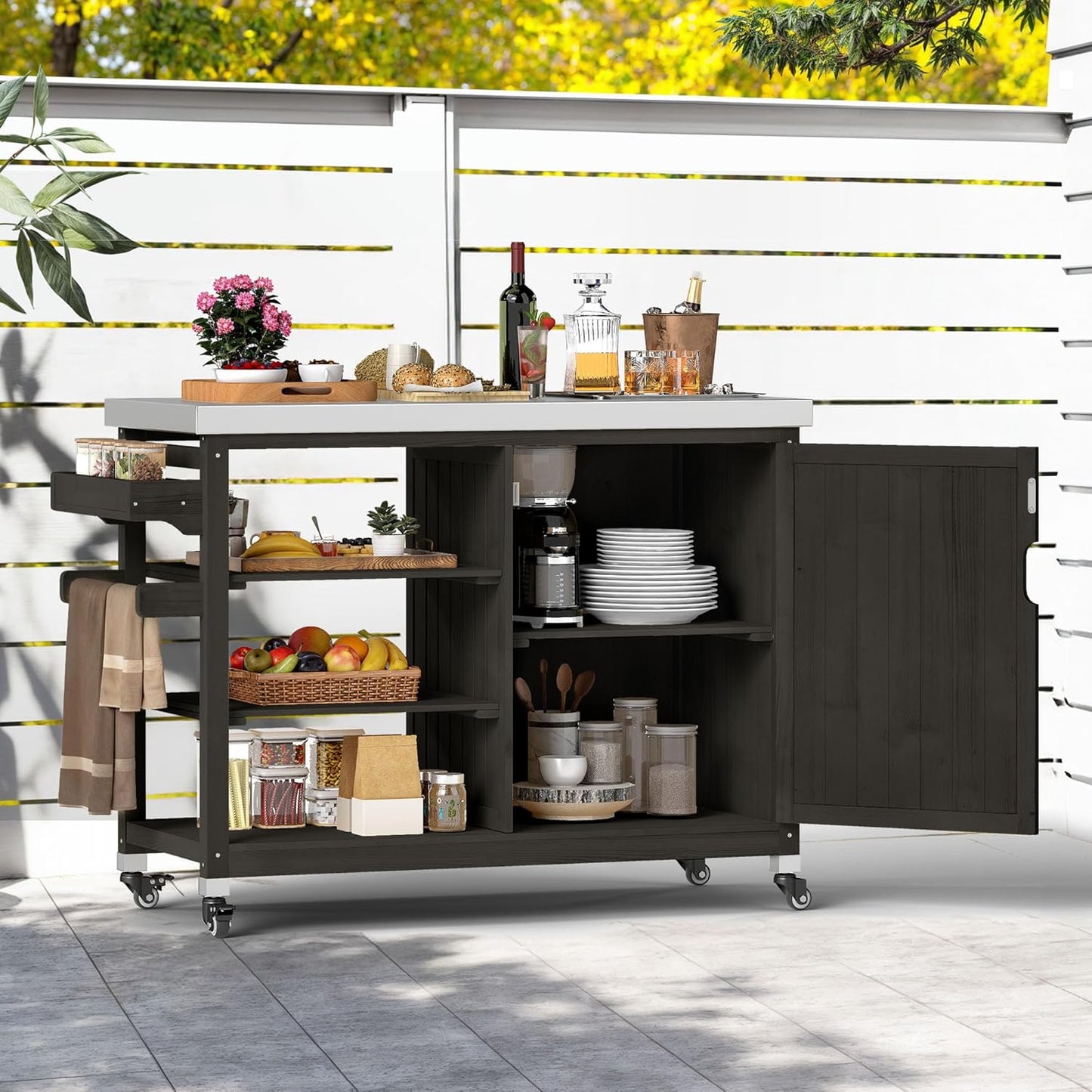 DWVO XL Outdoor Grill Table, Solid Wood Storage Table with Stainless Steel Top, Outdoor Kitchen Cart with Storage Cabinet for Patio, Kitchen Prep, Grilling Accessories, Brown