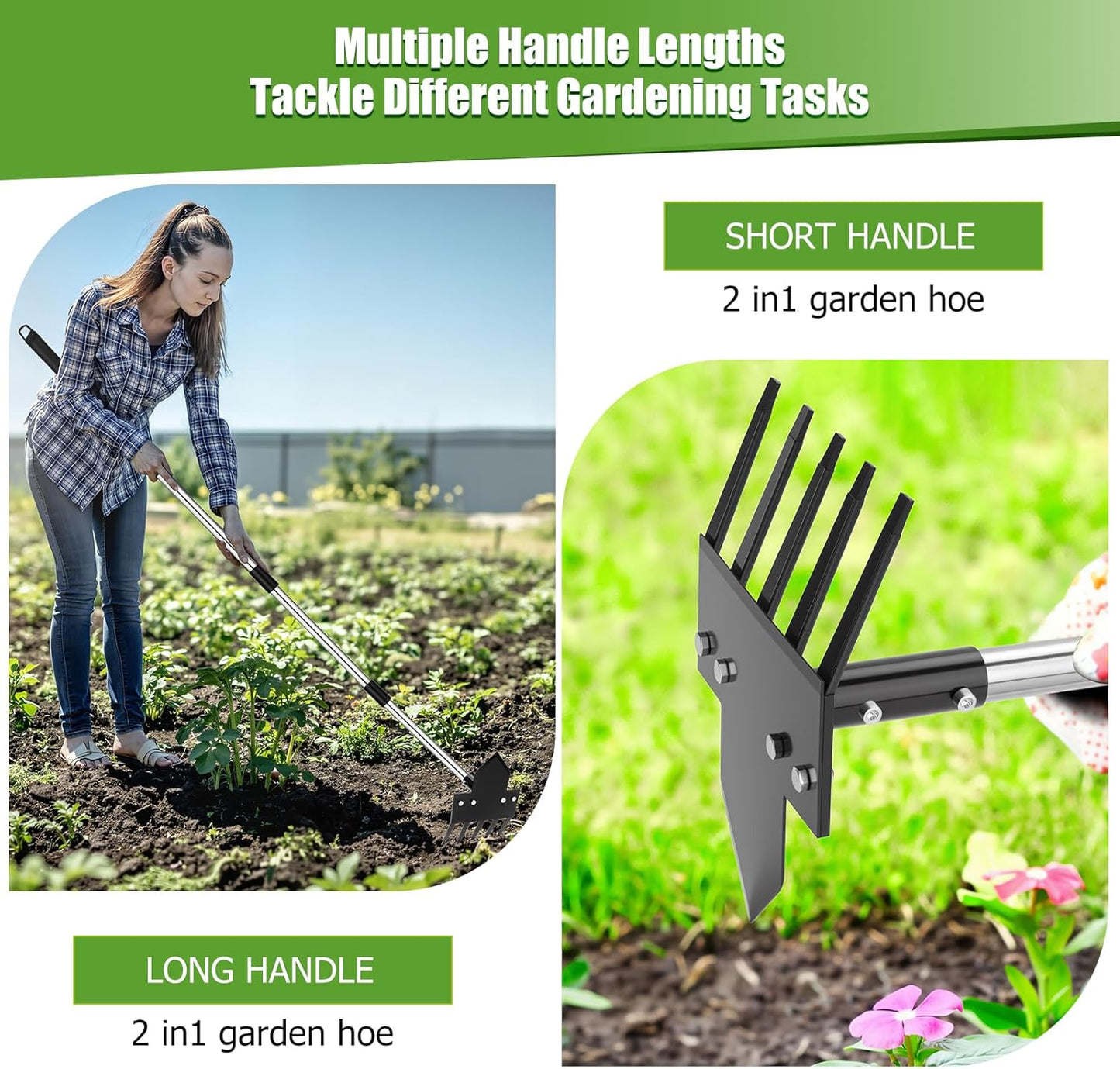 2-in-1 Hoe Garden Tools, 17-58" Weed Puller Tool with Long Handle, Heavy Duty Handle Garden Hoe and Weed Rake, Hoes for Gardening Yards Lawns Gardens Weeding