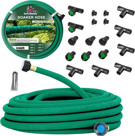 3/8” Soaker Hose 100 ft/Upgraded Rubber Hose Save 70% Water/Flexible Durable Garden Hose Quick Connect Fittings with Brass Ends/Ideal for Lawns,Trees,Vegetables,Gardens & Flower Beds