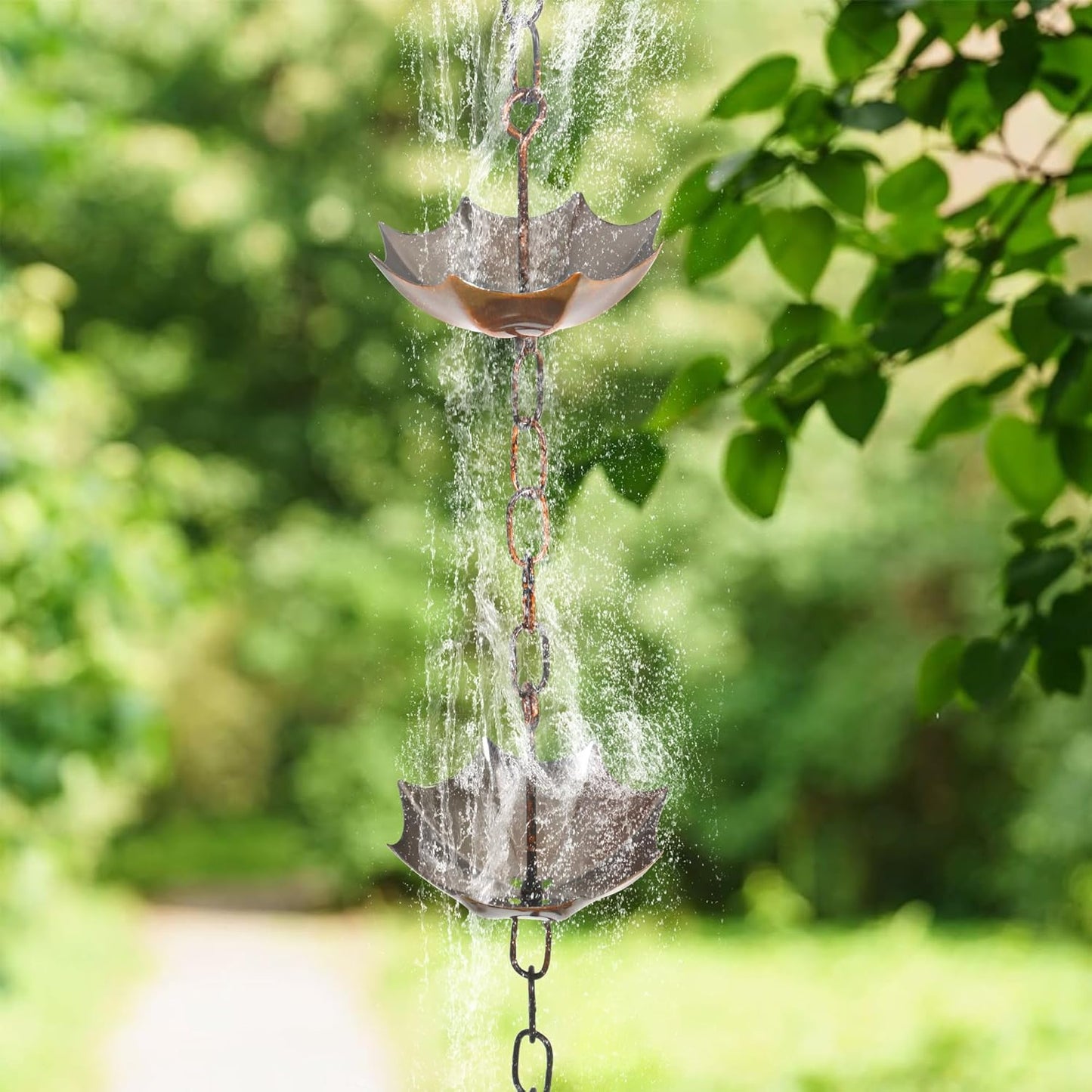 Metal Rain Chain Decoration 6 FT., Rain Catcher Metal Chain Gutter Downspout 72'' for House Eaves, Garden & Home, Umbrella Shape Rain Chains