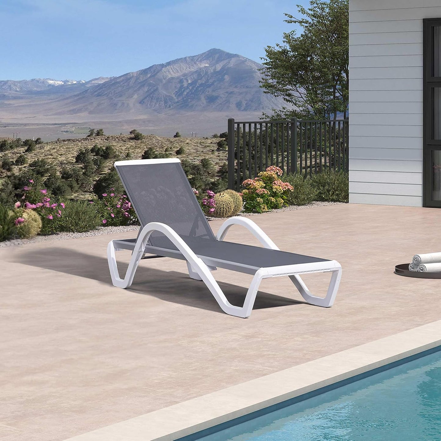 PURPLE LEAF Patio Chaise Lounge Chair Outdoor Plastic Textilene Sun Bathing Recliner Tanning Pool Lounger with 6 Adjustable Position for Outside Beach in-Pool Lawn Poolside, Gray