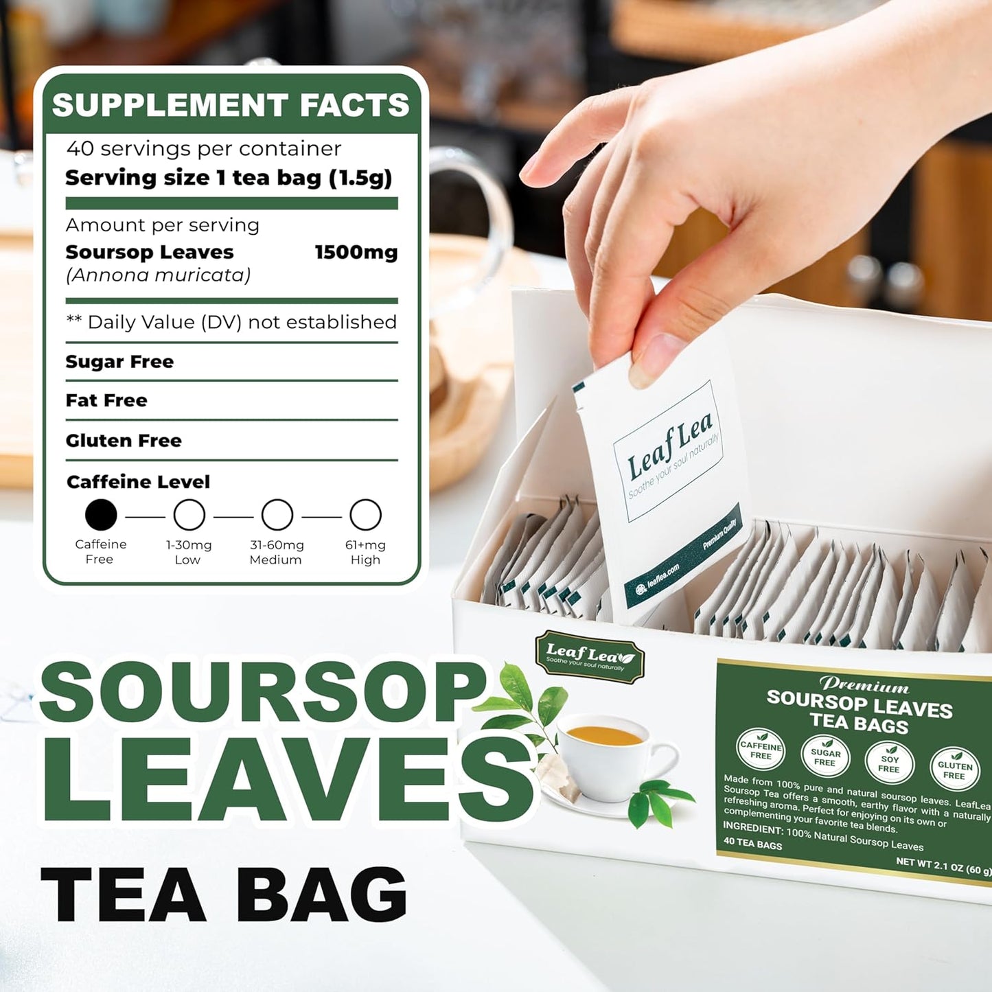 LeafLea 40 Premium Soursop Leaf Tea Bags, Pure & Natural Sour Sop Leaves, Graviola Leaves Tea, Hoja Guanabana Tea, Natural Digestion Support Herbal Tea Bags, Nutrient-Rich, No Sugar, No Caffeine
