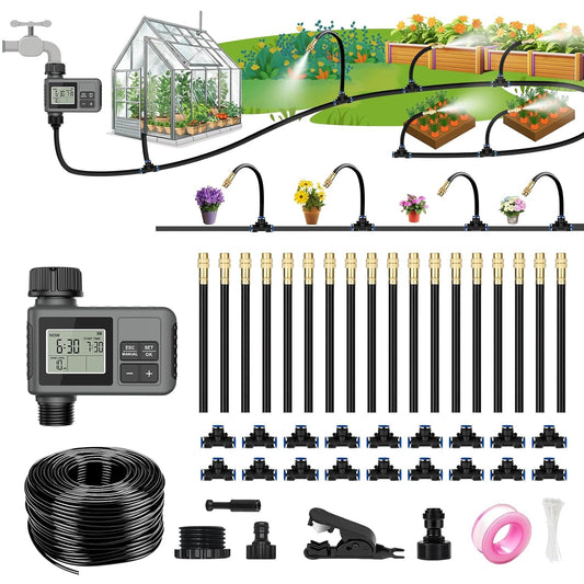 60FT Drip Irrigation System with Water Timer – Automatic Garden Watering Kit with 360° Bendable Hose & Adjustable Nozzles, Smart Irrigation System for Greenhouse, Lawn, Yard & Plants
