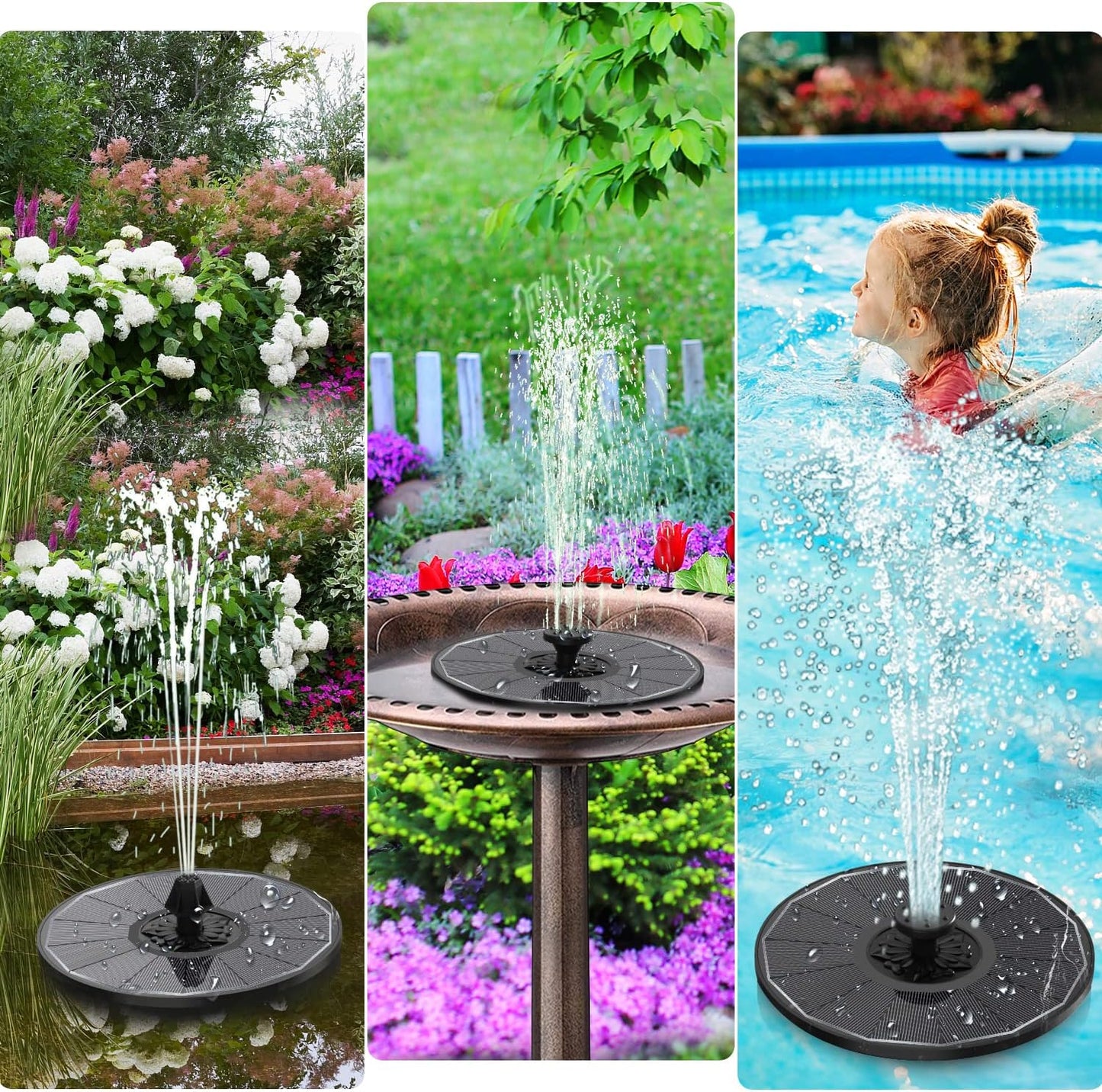 Solar Fountain with 2000 mAh Battery Backup Works in Cloudy, Glass Solar Powered Bird Bath Fountains with 7 Nozzles, 3.5 W Solar Fountain Pump for Birdbath,Garden, Outdoor, Pond (Black)