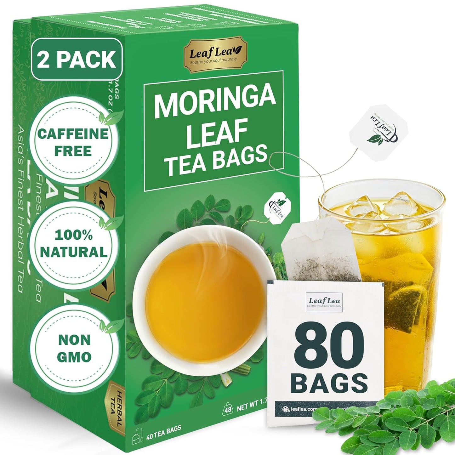 LeafLea 80 Moringa Tea Bags, Premium Moringa Leaf Herbal Tea for Digestive Support and Daily Wellness, Made from Natural Leaves, Caffeine-Free, Non-GMO, Sugar-Free