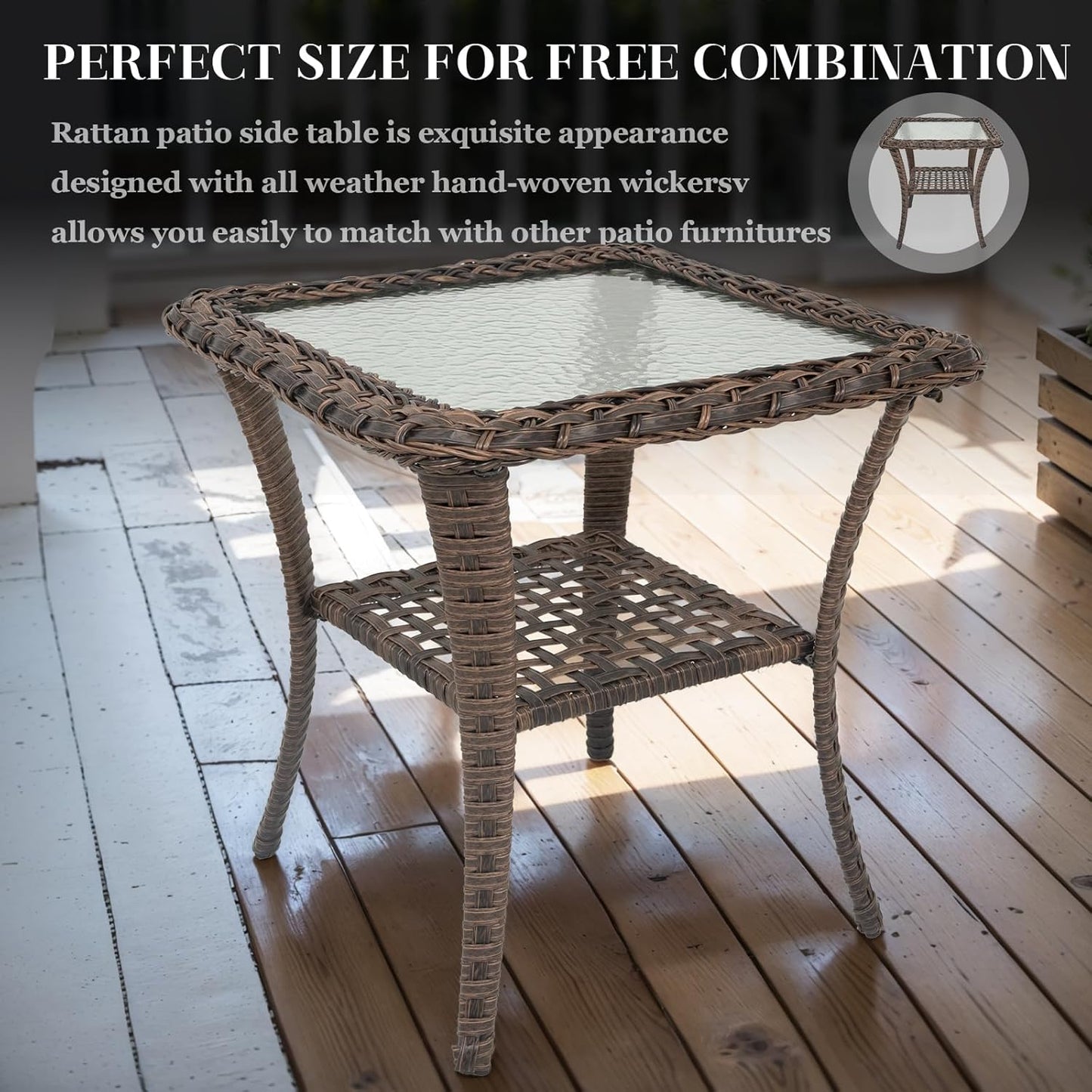 HUMMUH 5 Pieces Patio Furniture Set Wicker Outdoor Bistro Chairs with Ottomans Glass Top Side Table,Outdoor Conversation Set for Porch Deck Backyard Poolside