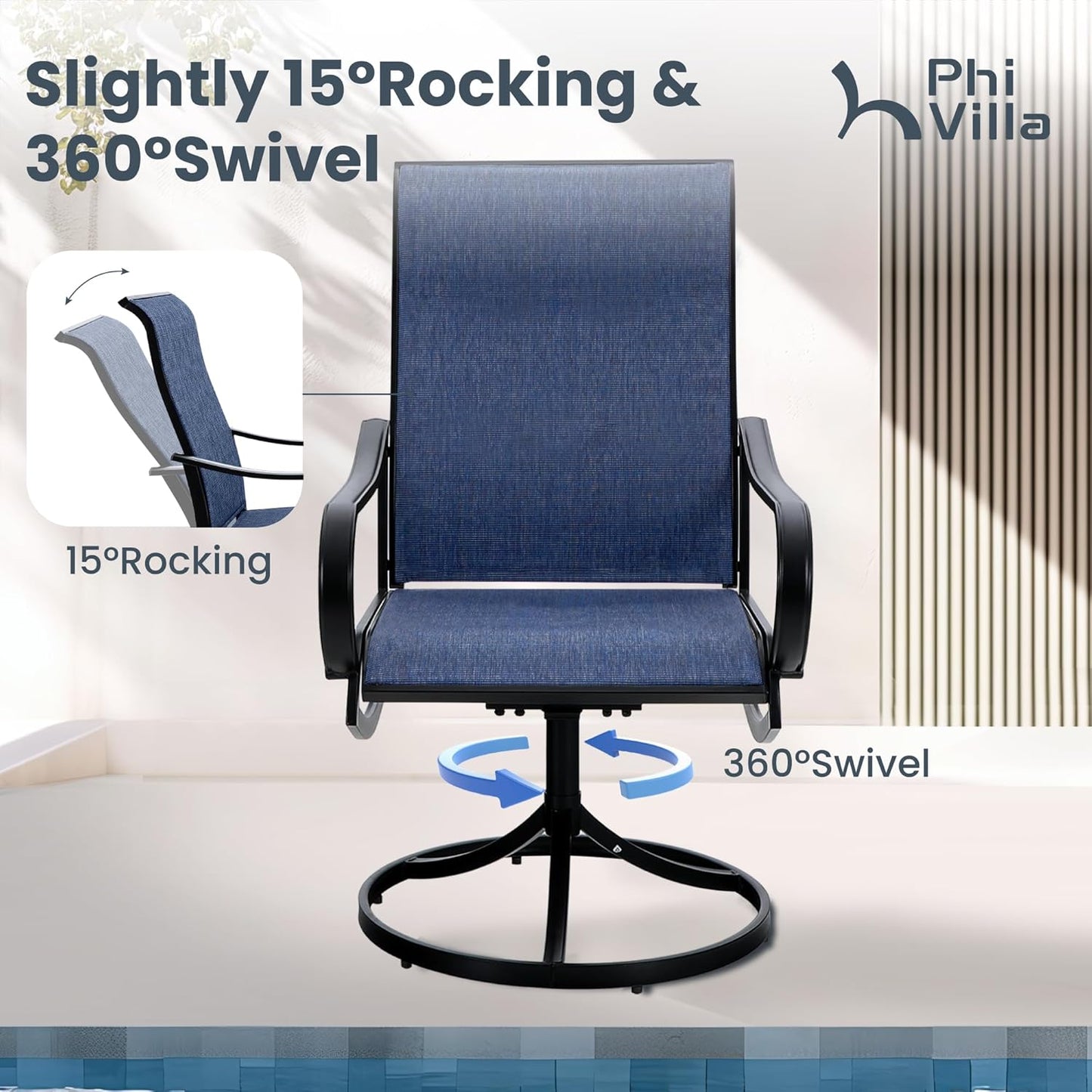 PHI VILLA 5 Piece Outdoor Patio Dining Set with 4 Swivel Dining Chairs & 1 Wood-Like Dining Table, All Weather Blue Textilene Mesh Fabric Chair and Square Metal Table for Deck Lawn Garden