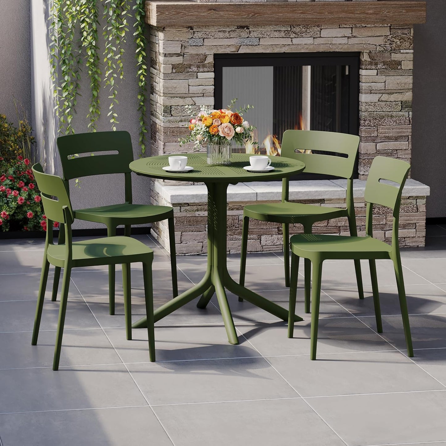 Dining Set for 4, HDPE Patio Round Dining Table and Stackable Comfortable Dining Chair, Outdoor Small Patio Furniture Set All Weather for Backyard Porch Poolside, Olive Green