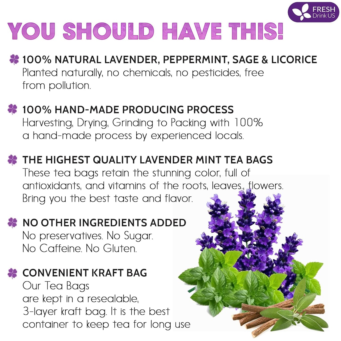FreshDrinkUS, Premium 55 Tea Bags Lavender Mint Tea, 100% Natural, Blend of Lavender, Peppermint, Sage and Licorice. Made with Natural Material Tea Bags. No Sugar, No Caffeine, Vegan.
