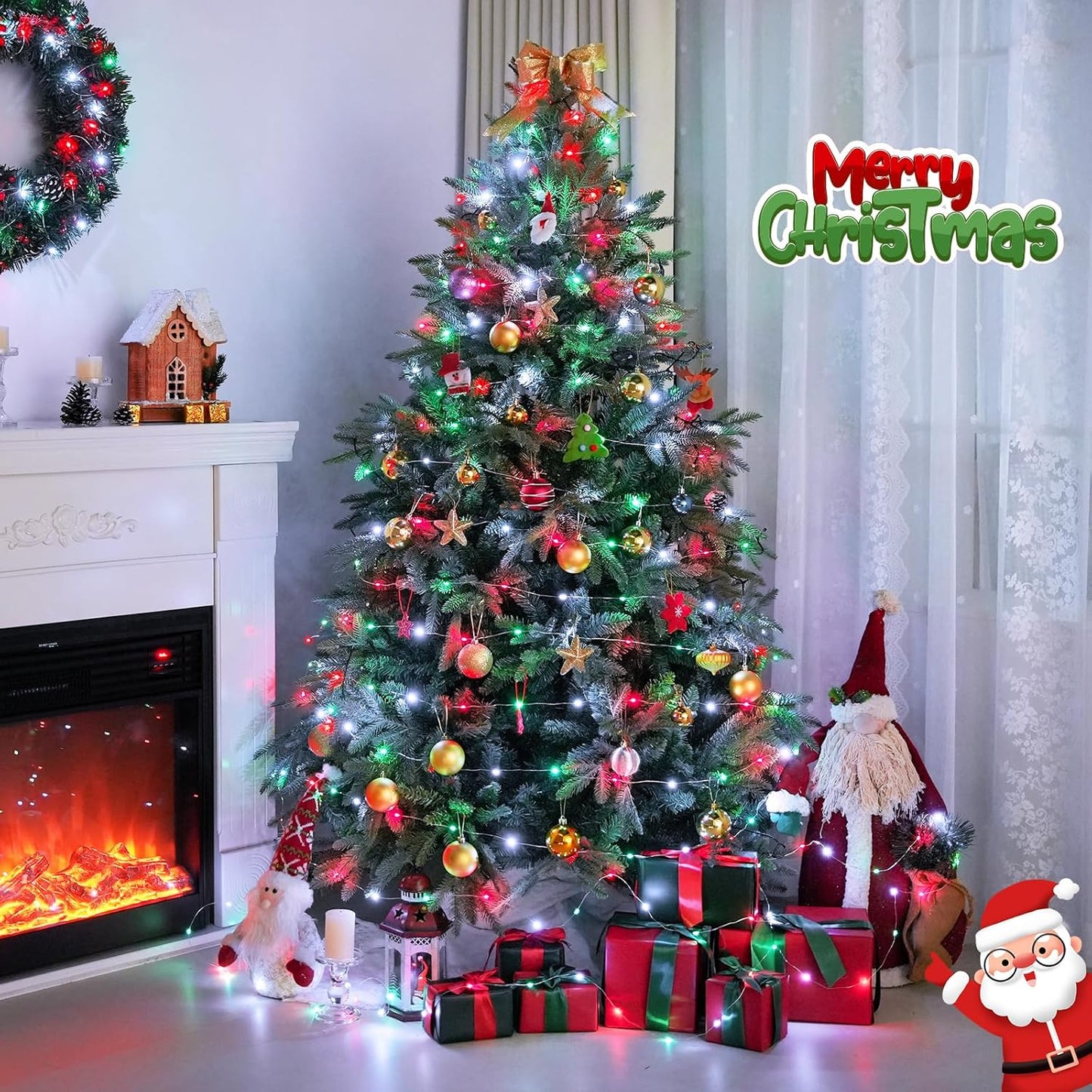 JMEXSUSS 2 Pack Red White and Green Solar Christmas Lights, Each 33FT 100 LED Solar String Lights Outdoor, Waterproof Solar Fairy Lights for Outside Christmas Decorations