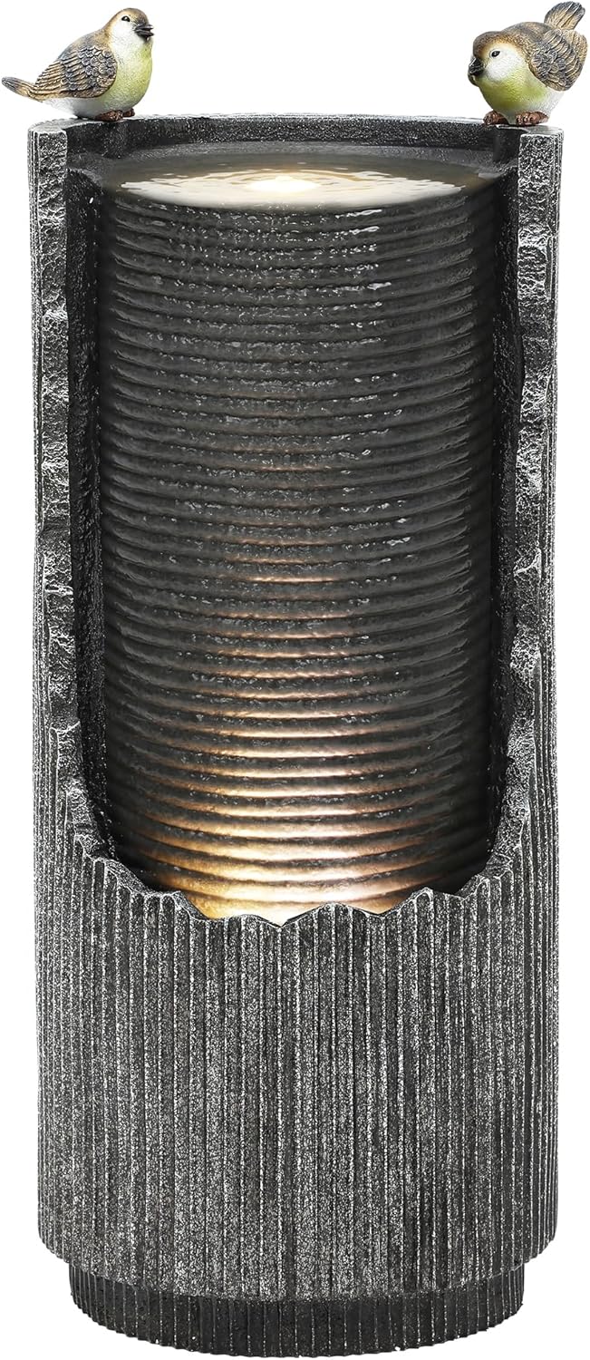 32" Rustic Cracked Jar Water Fountain Outdoor with LED Lights, Polyresin Freestanding Waterfall Feature, Tranquil Oasis for Garden, Patio, Yard, or Porch