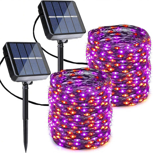 Joomer Orange Purple Halloween Solar String Lights - 2 Pack Total 80FT 240LED Solar Fairy Lights, Waterproof Outdoor Twinkle Lights with 8 Modes for Garden, Porch, Trees, Halloween Decor (Black Wire)