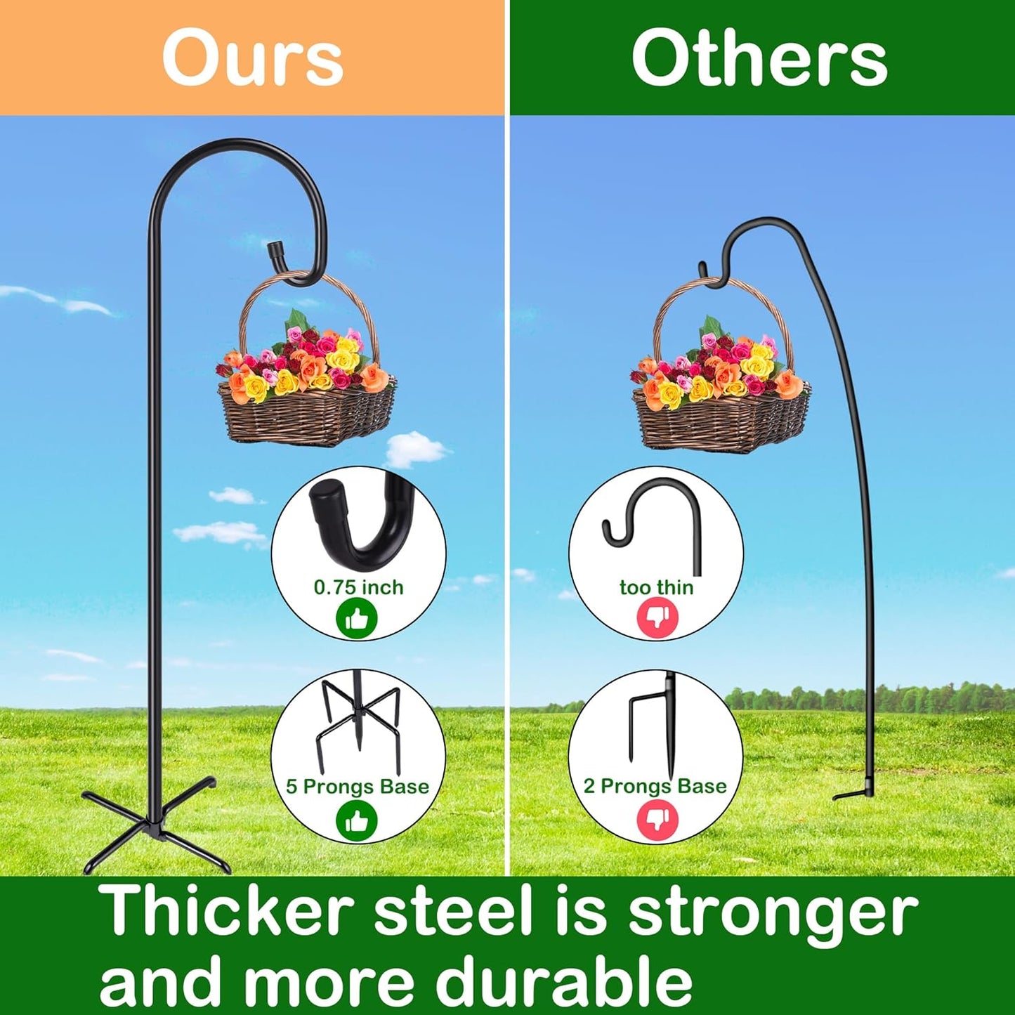 Ottsuls Bird Feeder Pole, 76 INCH Heavy Duty Shepherds Hooks for Outdoor with 5 Prong Base, Adjustable Stand Hanger for Garden Plant, Hummingbird Feeder, Lantern, Hanging Wedding Decor (1 Pack)