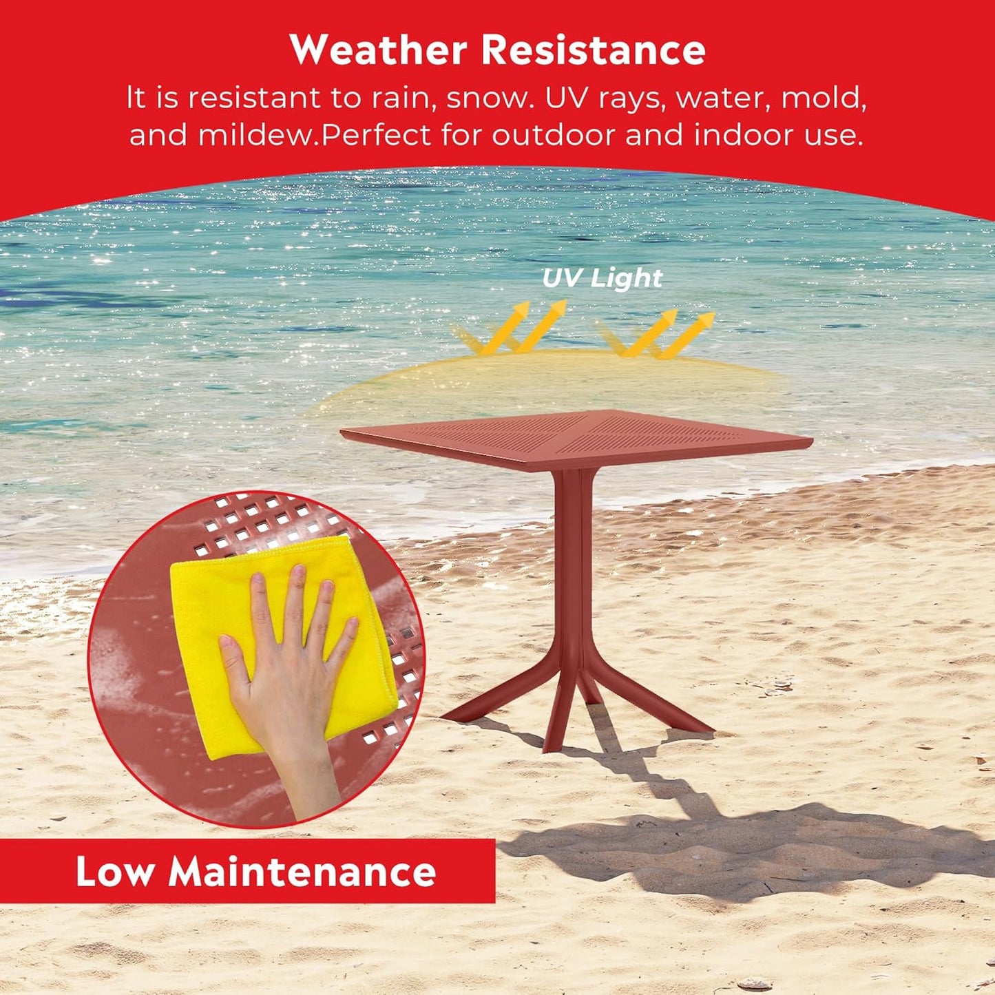 Table Chairs Set of 4, HDPE Patio Square Dining Table and Stackable Chairs, Outdoor Small Patio Furniture Set All Weather for Backyard Porch Poolside, Red