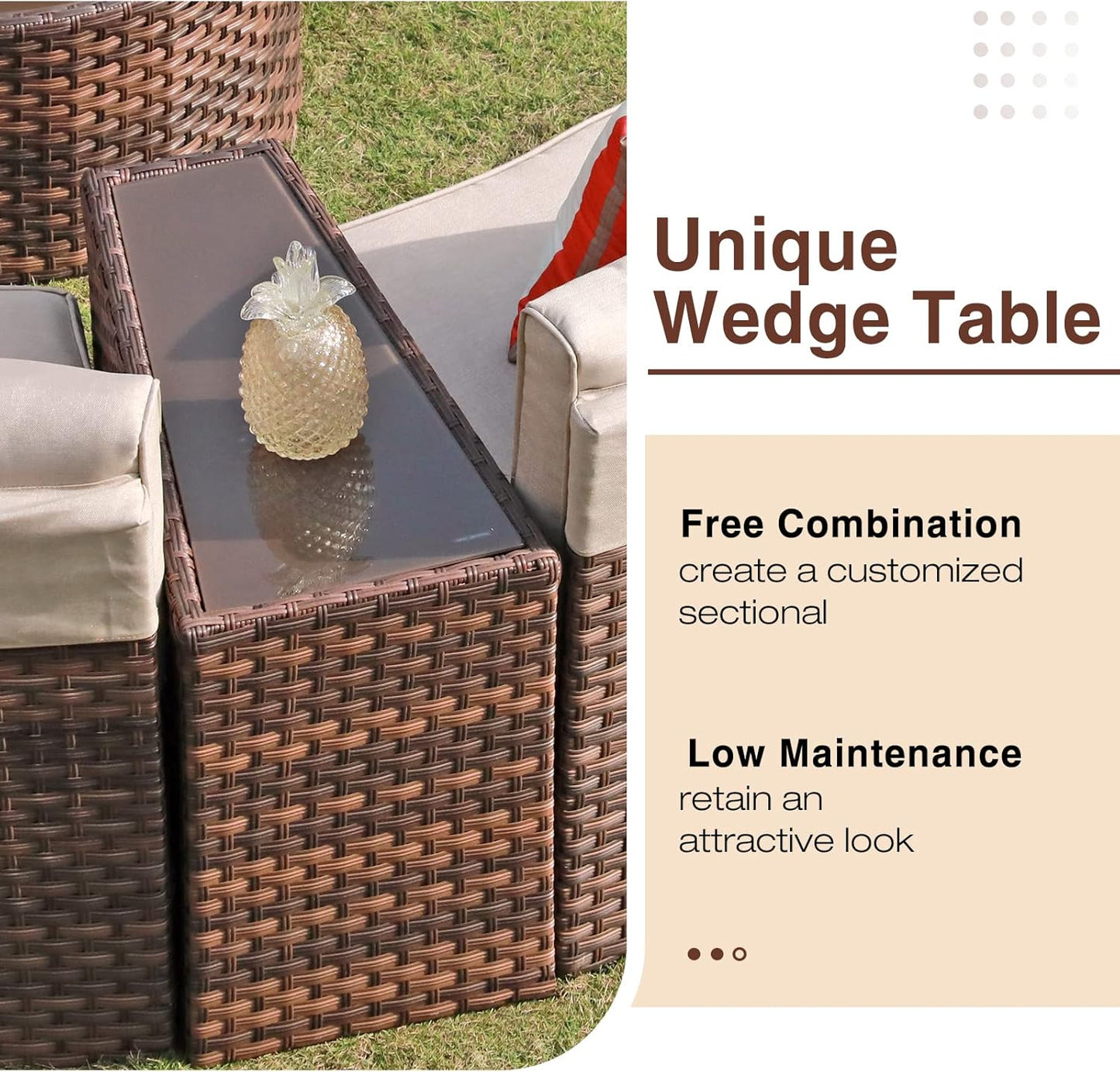 SUNSITT Outdoor Patio Furniture 11-Piece Half-Moon Sectional Round Patio Furniture Set Curved Outdoor Sofa with Tempered Glass Round Coffee Table, 4 Pillows, Brown Rattan