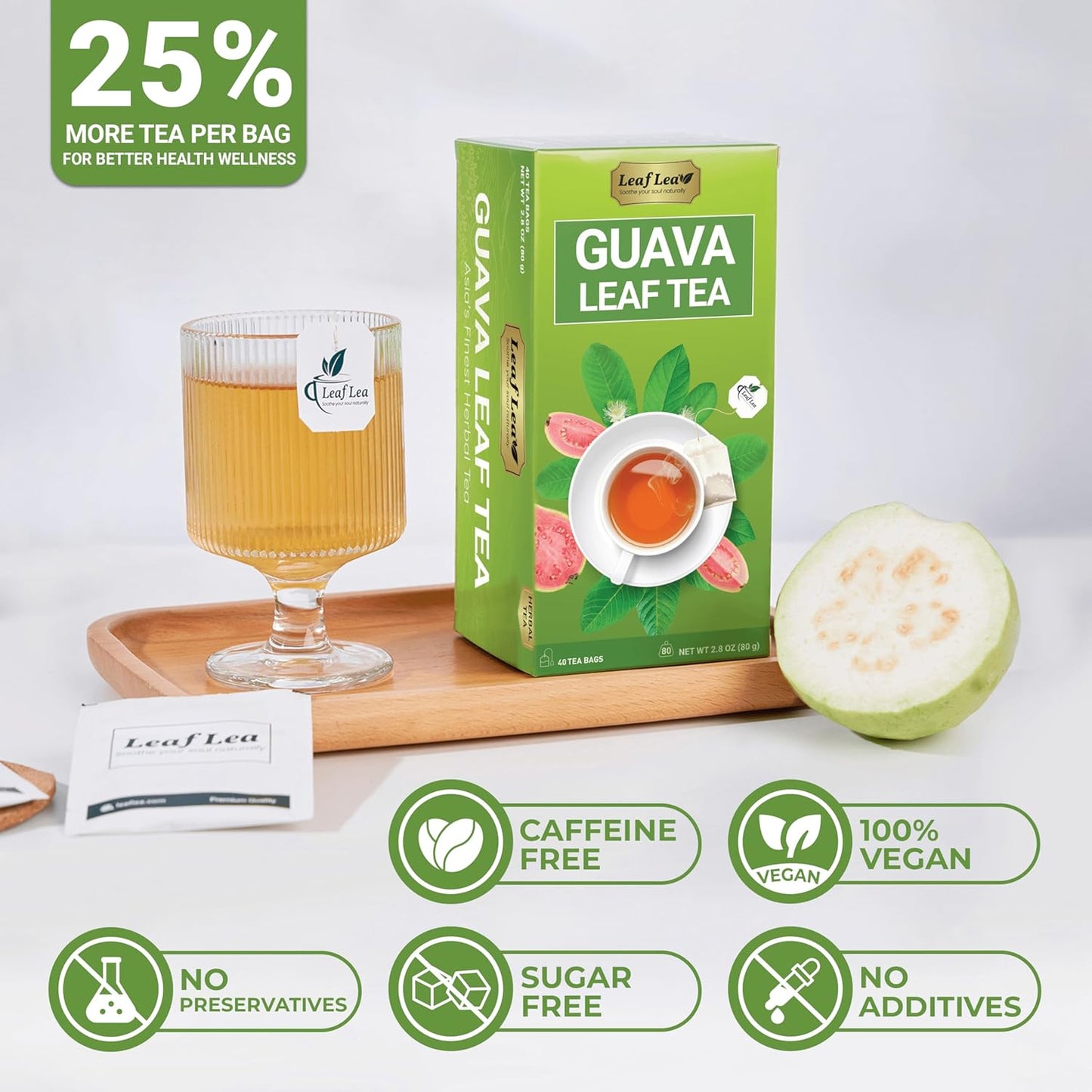 LeafLea Guava Leaf Tea, 40 Individually Wrapped Tea Bags, Made from 100% Natural Guava Leaves (Hojas De Guayaba), Supports Digestion & Wellness, Caffeine-Free, Sugar-Free, Vegan, Non-GMO
