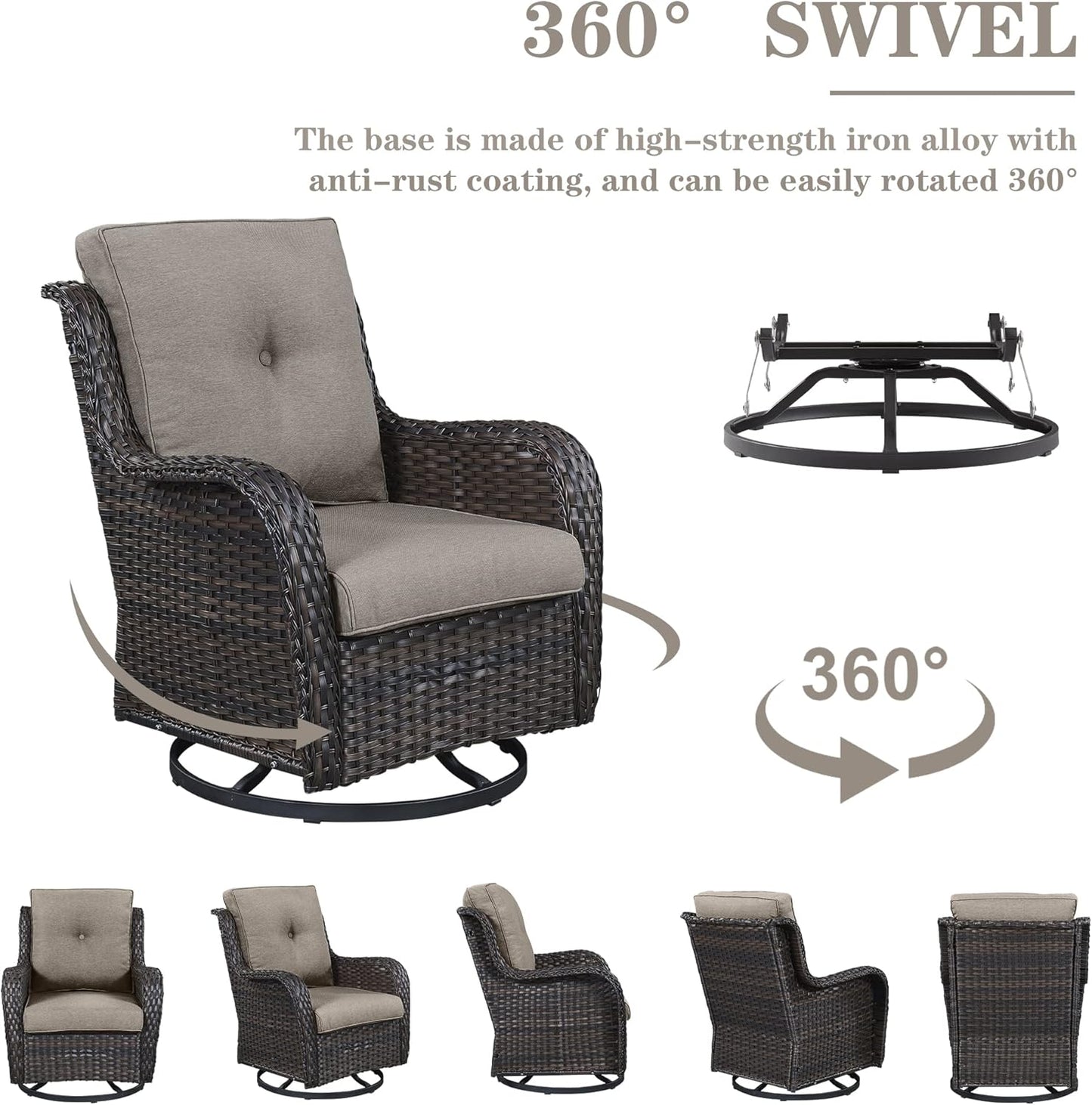 Outdoor Sectional Furniture Sofa Set with 50000BTU Propane Fire Pit Table, Wicker Patio Conversation Set with 2 Swivel Rocker Glider Chairs Grey Cushion Perfect for Backyard Casual Gathering