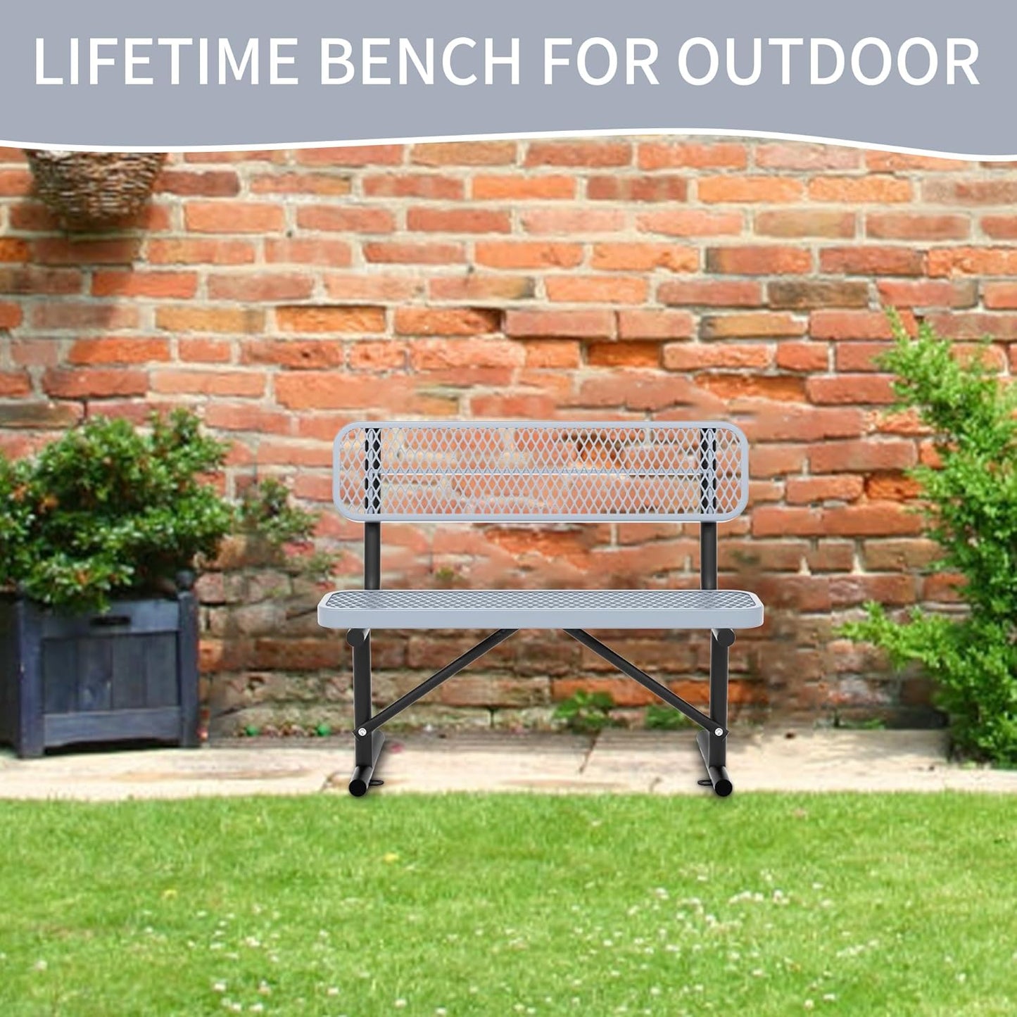 4 Feet Heavy Duty Metal Park Bench for Outside, Outdoor Bench with Backrest & Portable Frame, Commercial Benches for Shopping Malls, Stores, Parks, Patios, Decks, Grey