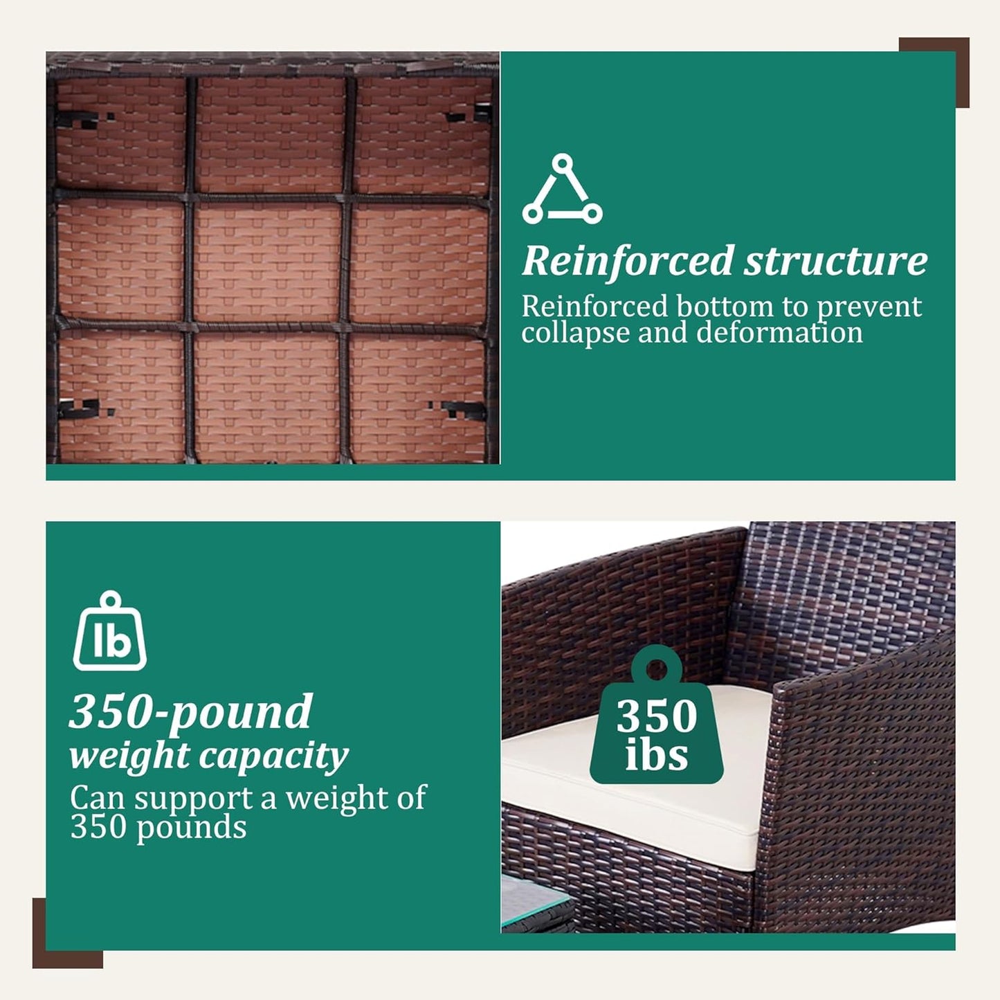 3 Piece Patio Furniture Set - Outdoor Conversation Sets with Coffee Table, Rattan Chair Set for Garden/Poolside, Brown/Beige