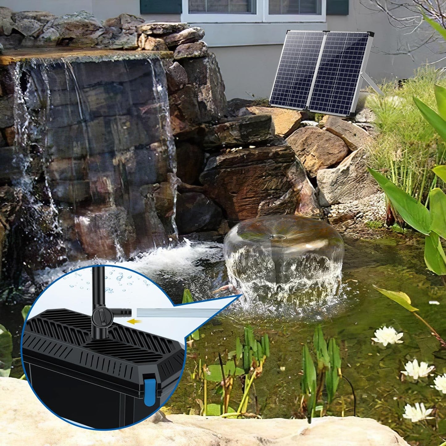 Antfraer Solar Fountain Pump with Pond Filter Kit, 55W Solar Water Pump with Pond Filter Box for Outdoor Pond Garden Fountain Waterfall Water Feature(17FT+10FT Power Cord）