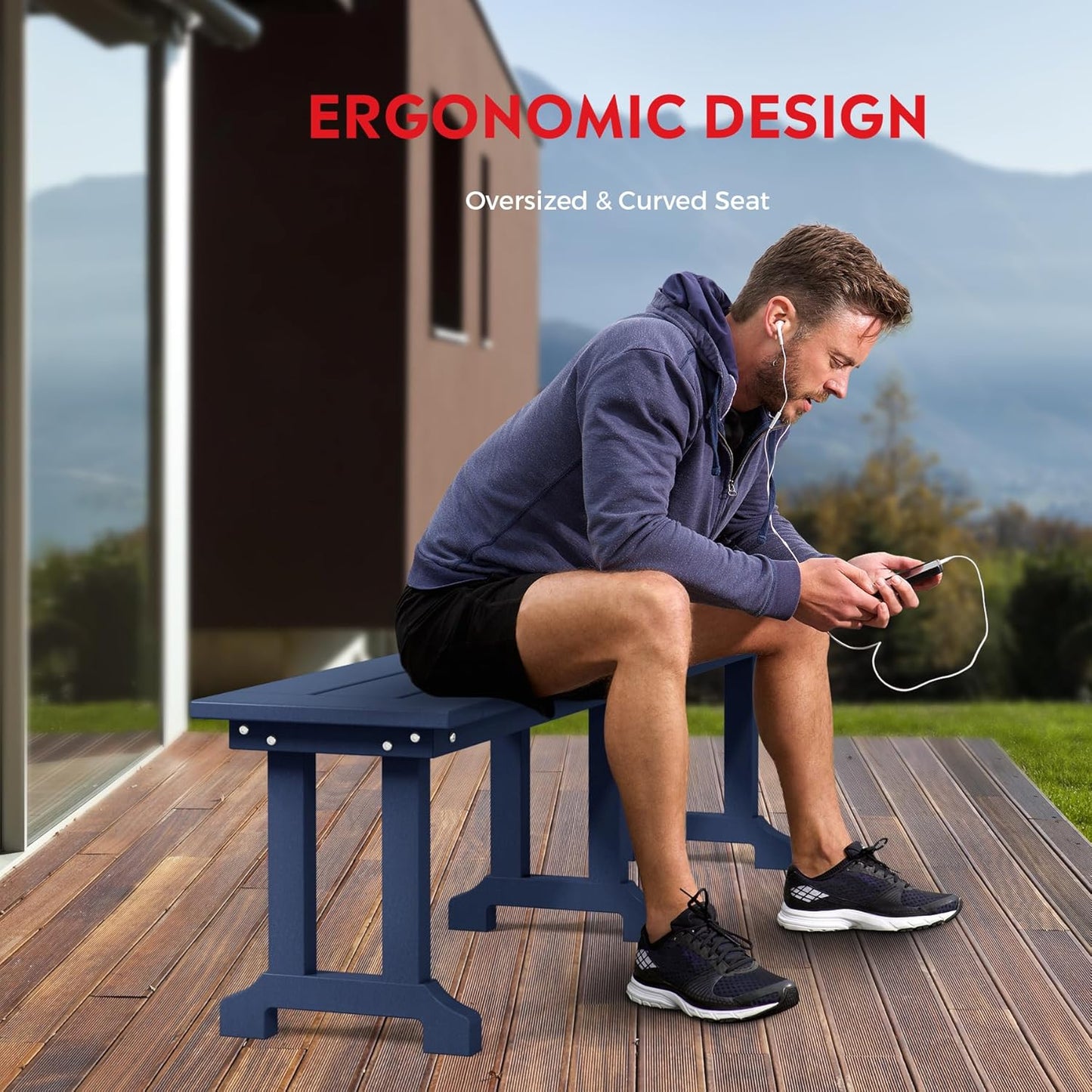 Outdoor Benches Weatherproof, Park Long Bench Poly Lumber Backless for Entryway Front Porch Garden Bench Seat for Patio, Navy Blue