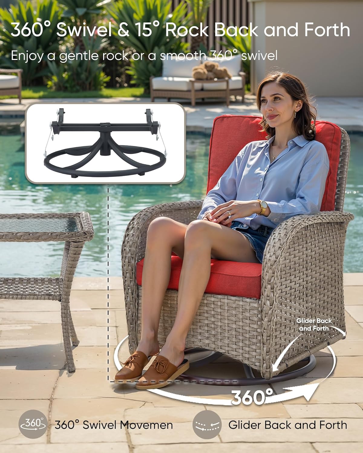 HUMMUH 6 Pieces Patio Furniture Set-Patio Glider Loveseat with Rattan Outdoor Swivel Chairs Outdoor Conversation Furniture Sets for Deck Lawn Porch Balcony Poolside-Grey/Red