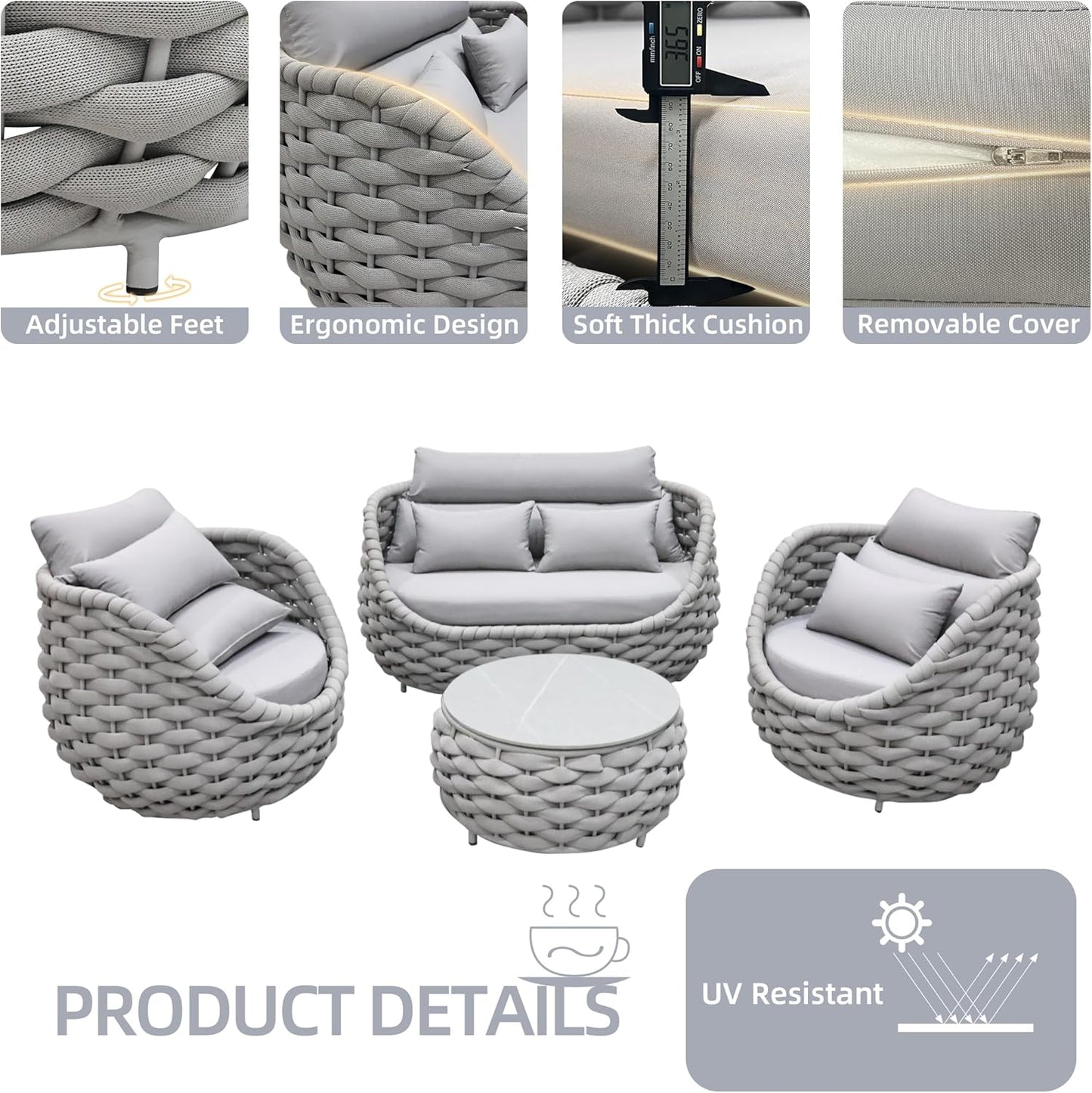 Aluminum Outdoor Patio Furniture Set with Coffee Table, 6 Piece Patio Conversation Sets with Washable Cushions Covers, Patio Sectional Furniture Set for Porch, Balcony, Deck, Yard, Light Grey