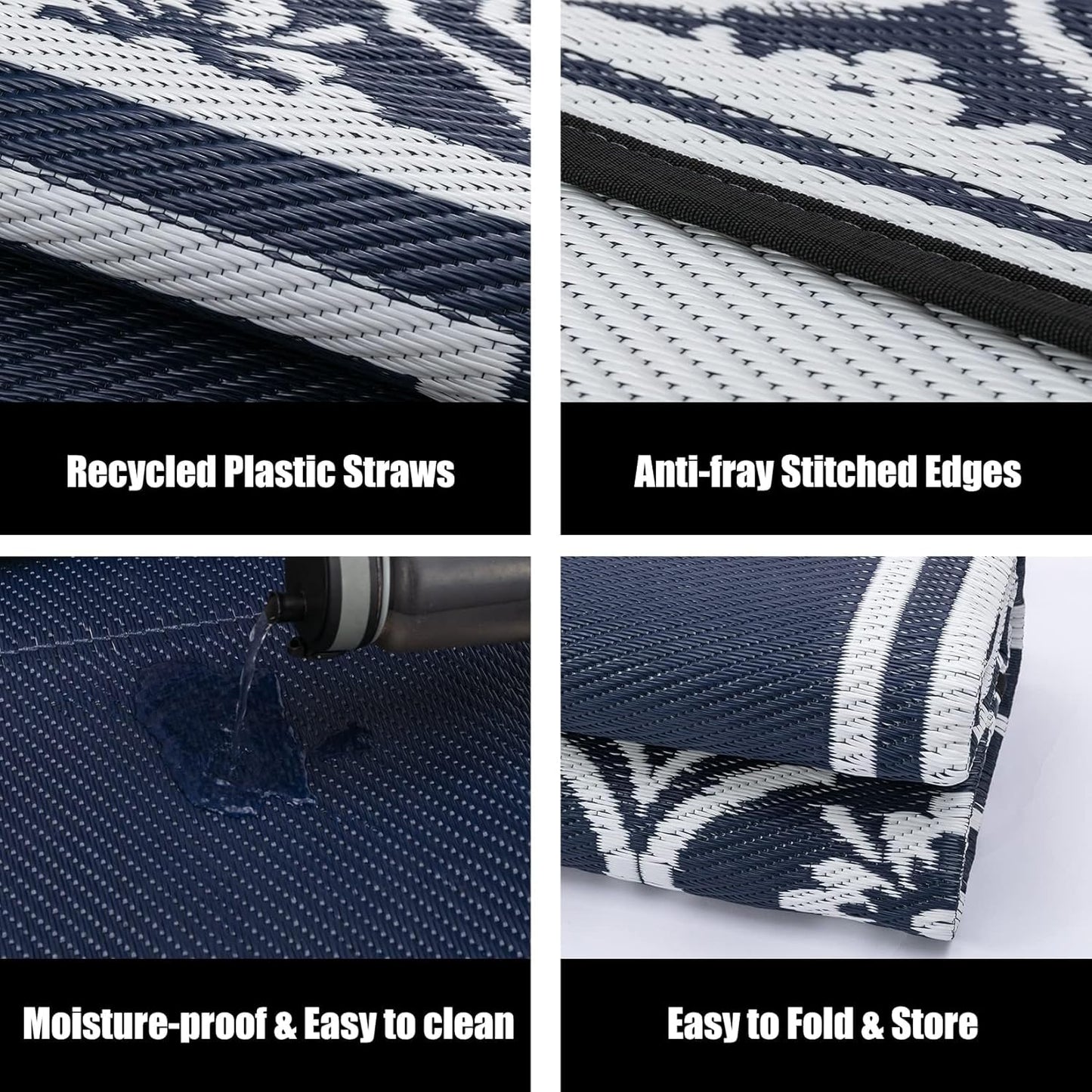 Outdoor Rug 8x10 Patio Camping Carpet Waterproof Mat Blue Outside Plastic Area Rug Reversible Rugs for RV Deck Entryance Porch Picnic Balcony Beach(8x10ft Navy Blue&White)