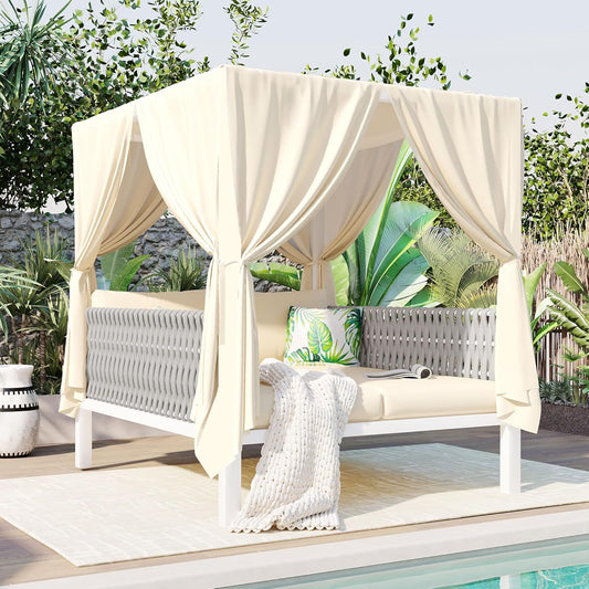 Polibi Outdoor Patio Sunbed with Beige Curtains,Outdoor Sun Lounger Bed with Pillows,Rubber Core Rope Weaving Outdoor Double Chaise Lounge Suitable for Pool,Garden,Beige