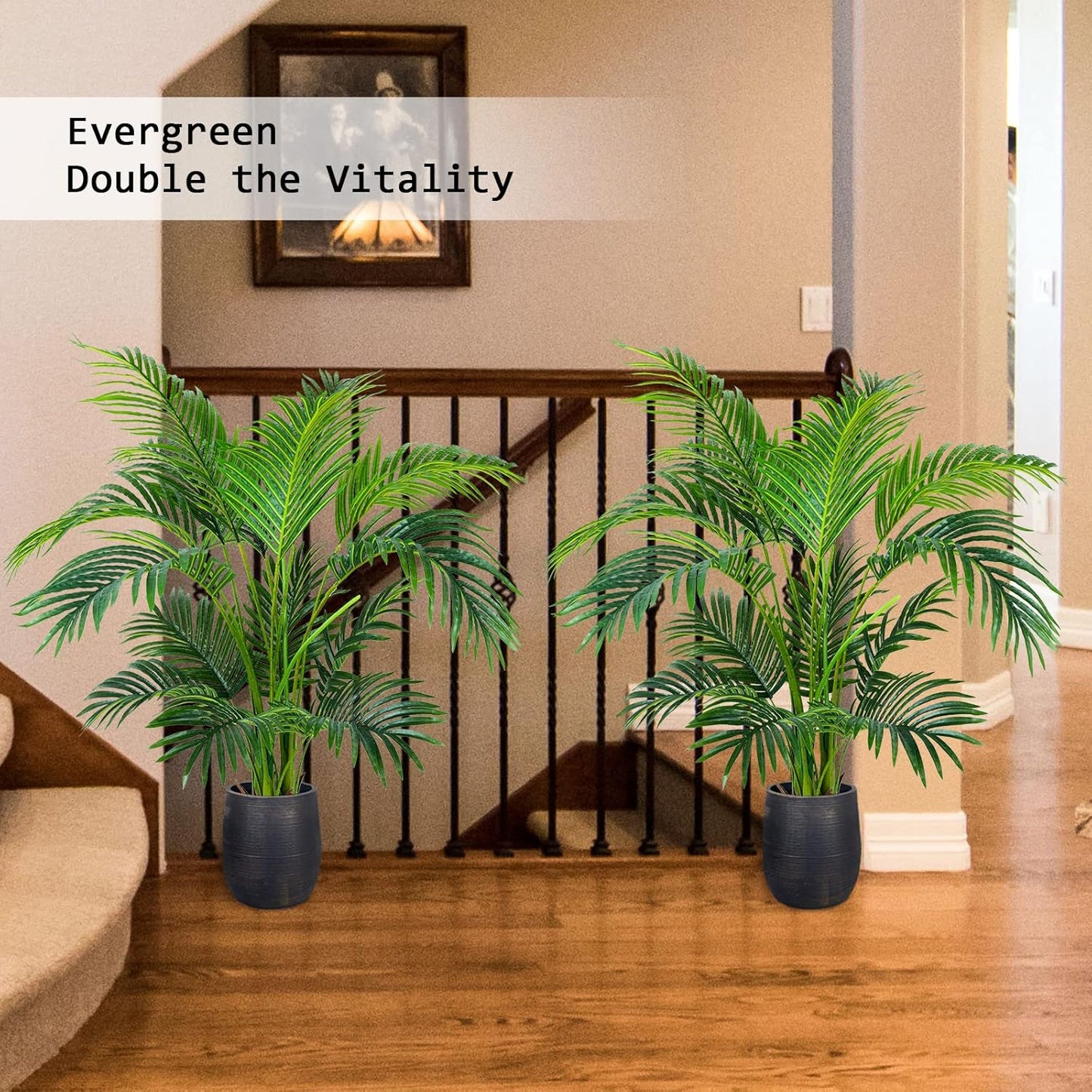 Worth Garden 4ft Artificial Areca Palm Plant 2 Packs in Pot, Fake Cane Palm Silk Tree Indoor Outdoor, Dypsis Lutescens, 47in Lifelike Faux Silk Plant Home Decor, Two Linen Bags Included