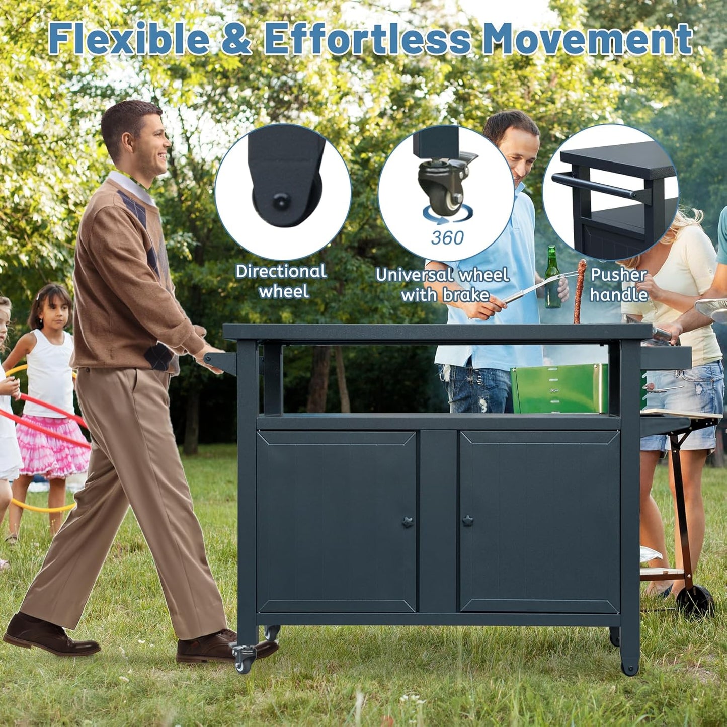 Grill Cart Outdoor with Storage Cabinet, Portable Rolling Patio Bar Cart with Wheels, BBQ Prep Table, Movable Stainless Steel Kitchen Island Dining Cart for Food/Drink/Cooking -Grey