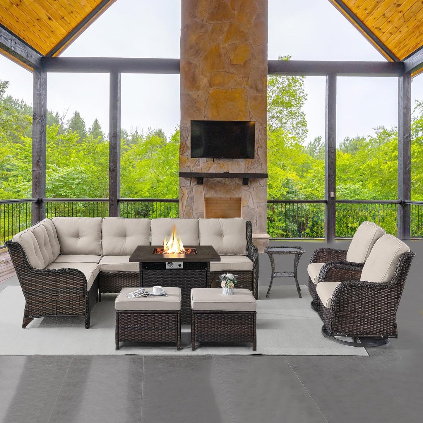 Outdoor Sectional Furniture Sofa Set with 50000BTU Propane Fire Pit Table, Wicker Patio Conversation Set with 2 Swivel Rocker Glider Chairs Beige Cushion Perfect for Backyard Casual Gathering