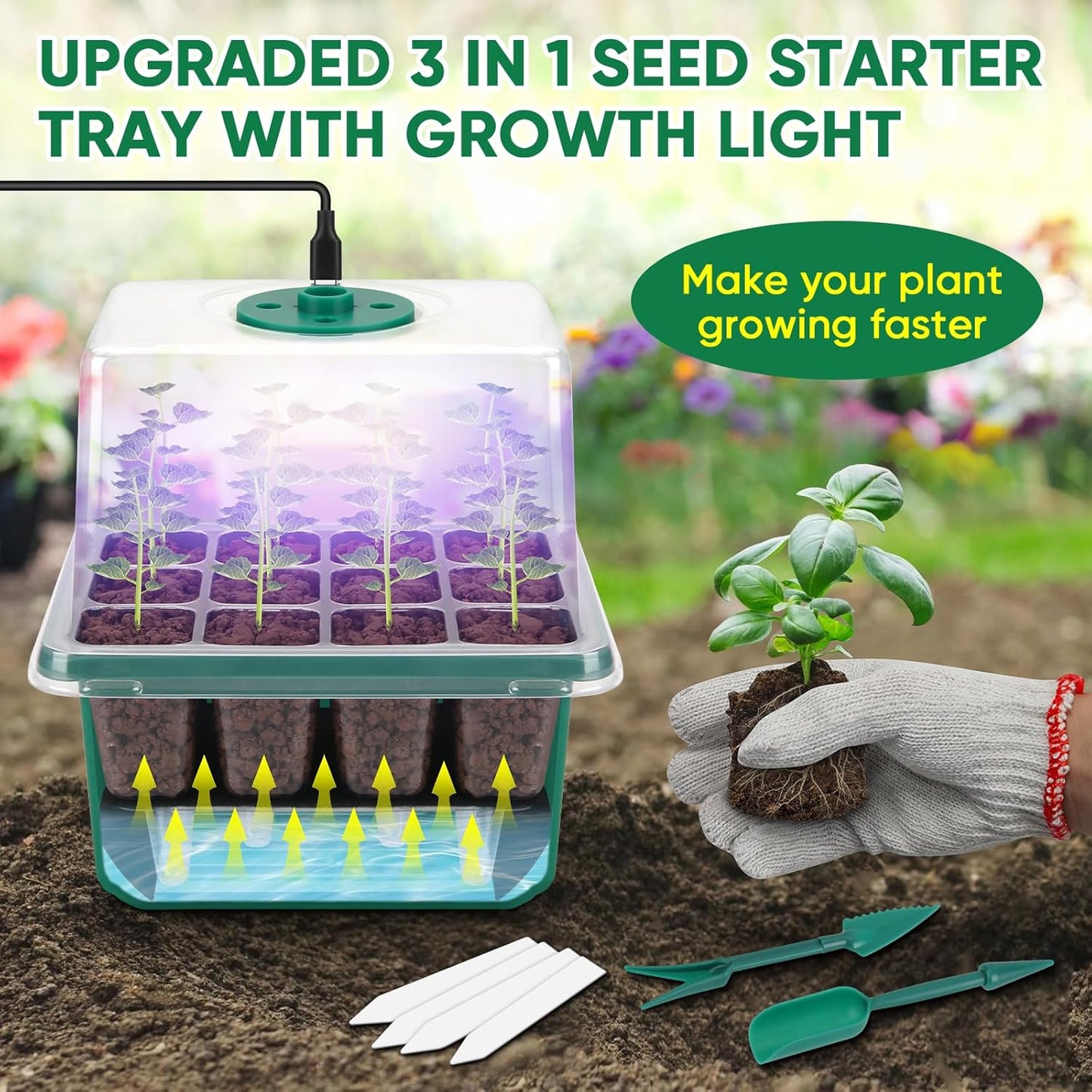 BlumWay Self-Watering Seed Starter Tray Kit with Grow Light and Humidity Dome,3 Color Growing Light,5-Pack 60-Cell Plant Seedling Tray,Reusable Plastic Germination Trays,Timed Light Plant Starter Set