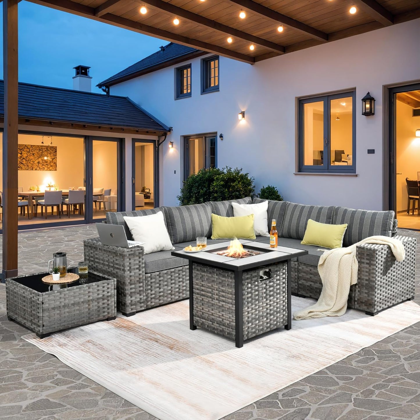ovios 7 Pieces Patio Furniture Set, Outdoor Wicker Sectional Sofa with 30 Inch Fire Pit Table Comfy Cushions, Modern Modular Deep Seat Rattan Couch Conversation Set, Dark Gray Stripe