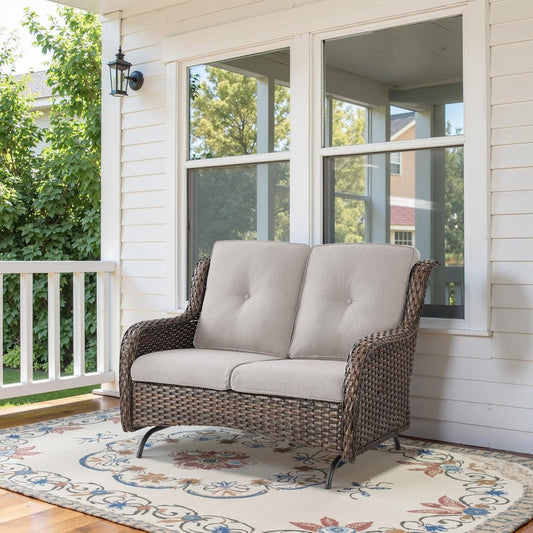 Spacious Outdoor Glider Bench - 500 LBS Weight Capacity Small Loveseat, 2 Seater Patio Gliders Furniture All Weather Wicker Couch with Removable Cushion for Deck Sunroom Balcony Backyard