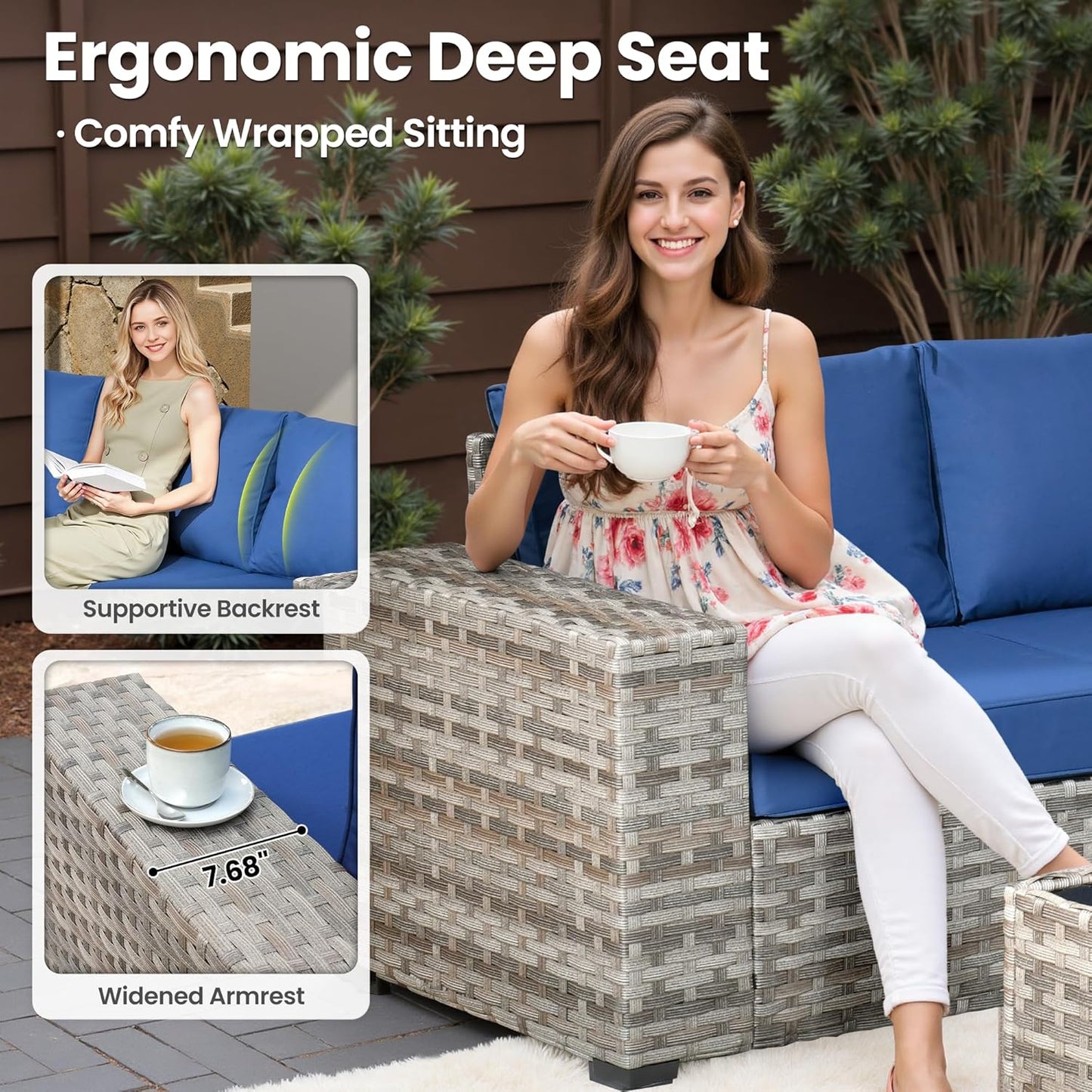 ovios 7 Pieces Patio Furniture Set, Outdoor Wicker Sectional Sofa with 42 Inch Fire Pit Table Comfy Cushions, Modern Modular Deep Seat Rattan Couch Conversation Set, Navy Blue