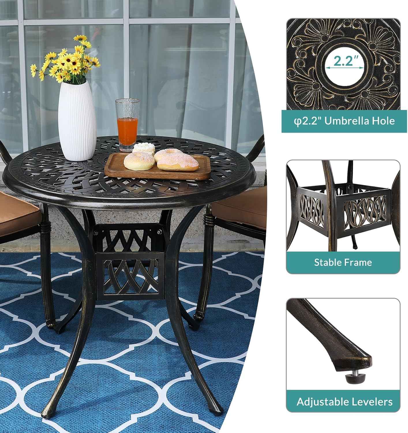 MEETWARM 3 Piece Patio Bistro Set, Outdoor All-Weather Cast Aluminum Dining Furniture Set Includes 2 Chairs with Cushions and a 31” Round Table with Umbrella Hole for Garden Deck, Navy Blue