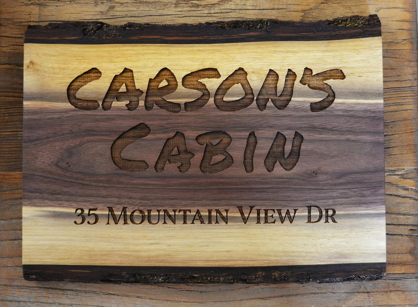 Personalized Cabin Sign Engraved Live Edge Walnut with Bark Custom Wood Family Name Address or Established Date Outdoor Inside Wall Handmade Unique Rustic Décor Gift (Cabin Lakehouse or Any Text Sign)