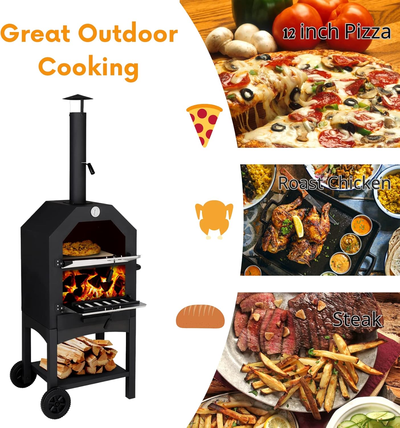 Outvita Outdoor Pizza Oven, Wood Fired Pizza Oven with Adjustable Chimney, Wheels, Pizza Stone, Pizza Peel, Grill Rack for Patio Cooking Picnic Party