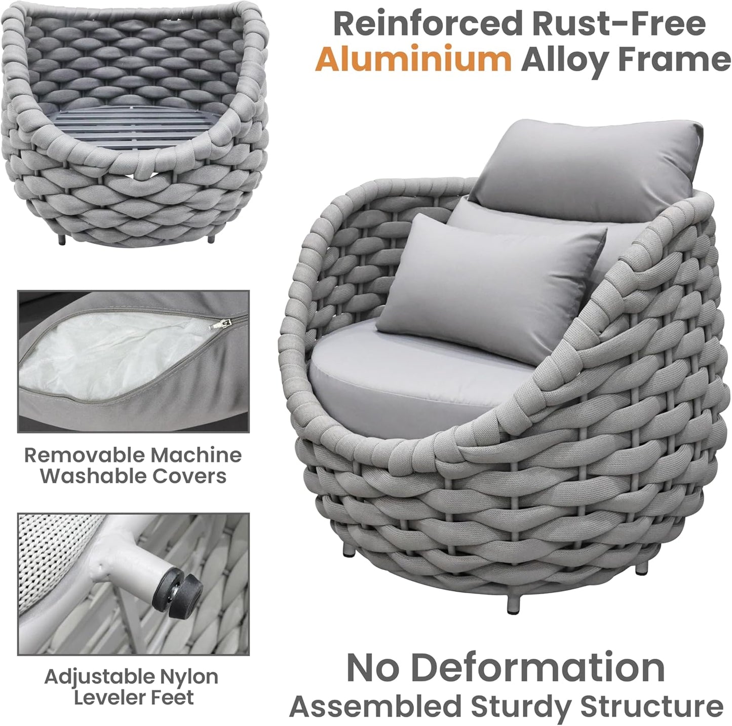 Front Porch Furniture Set: 5 Pieces Aluminum Patio Conversation Set All Weather - Cushioned Outdoor Sofa Set Assembled - Modern Metal Couch Seating for 400lbs Deck Garden Poolside Hotel - Gray