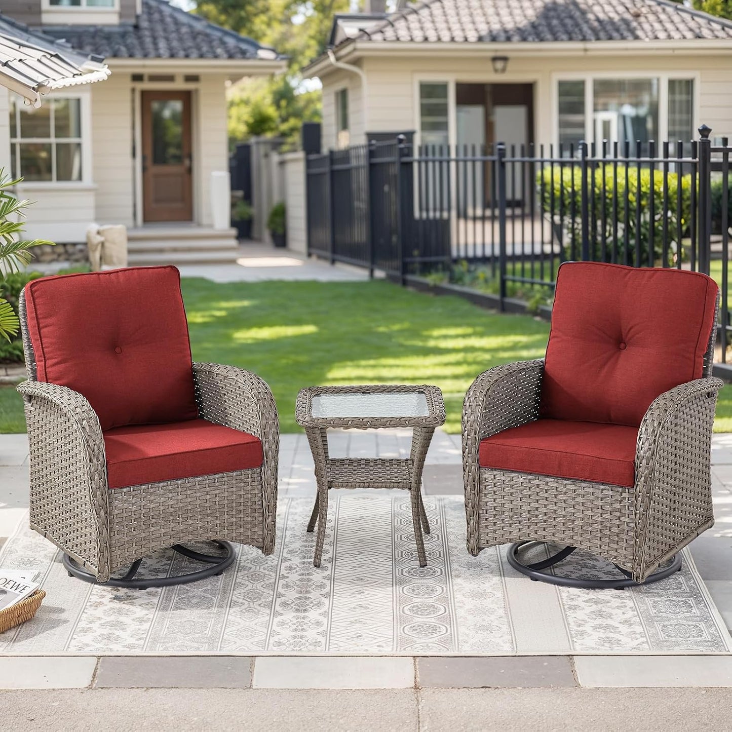 HUMMUH 3 Piece Outdoor Rocking Chairs Bistro Set-All Weather Wicker Outdoor Swivel Chairs Set of 2 with Side Table Small Patio Furniture Set for Deck Lawn Porch Balcony Poolside-Grey/Red